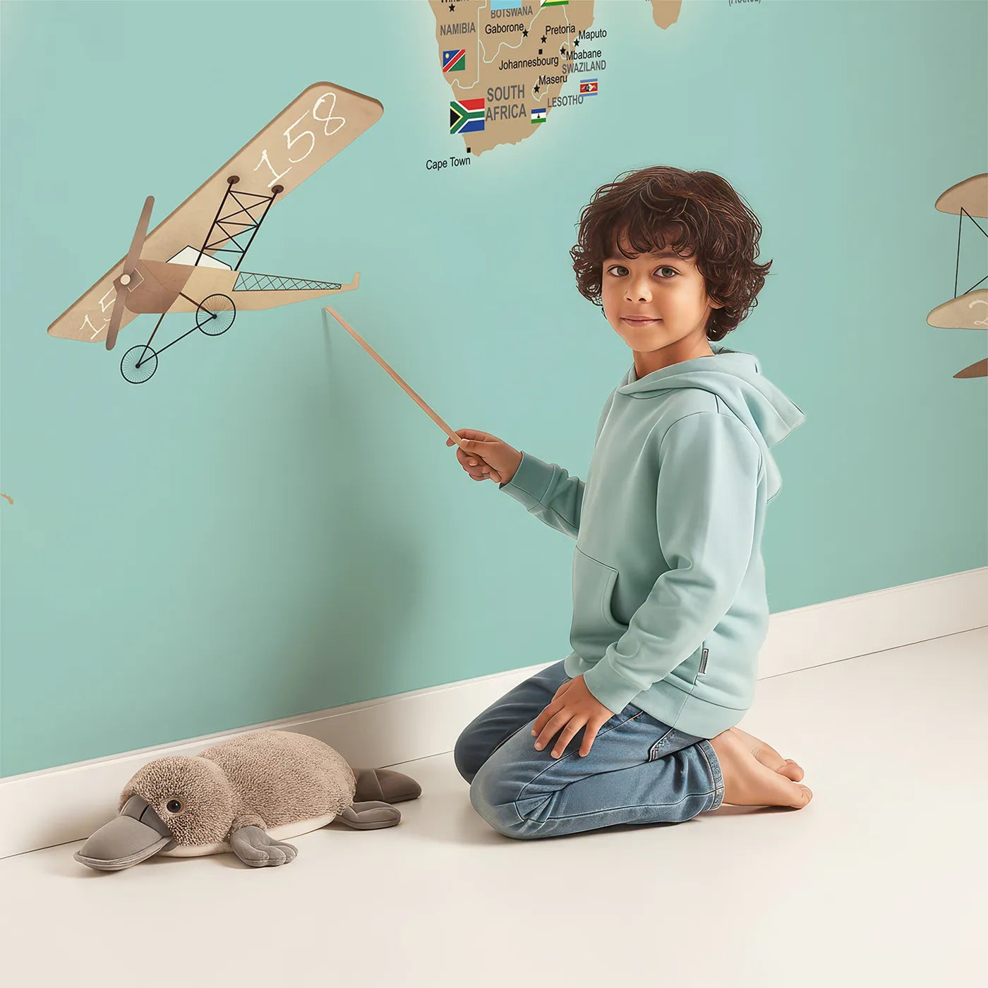 Child in front of Whimsy Tots Vintage Aviator World Map with Flags Wall Mural with map, world, flag, airplane, vintage, travel, educational, biplane in design.