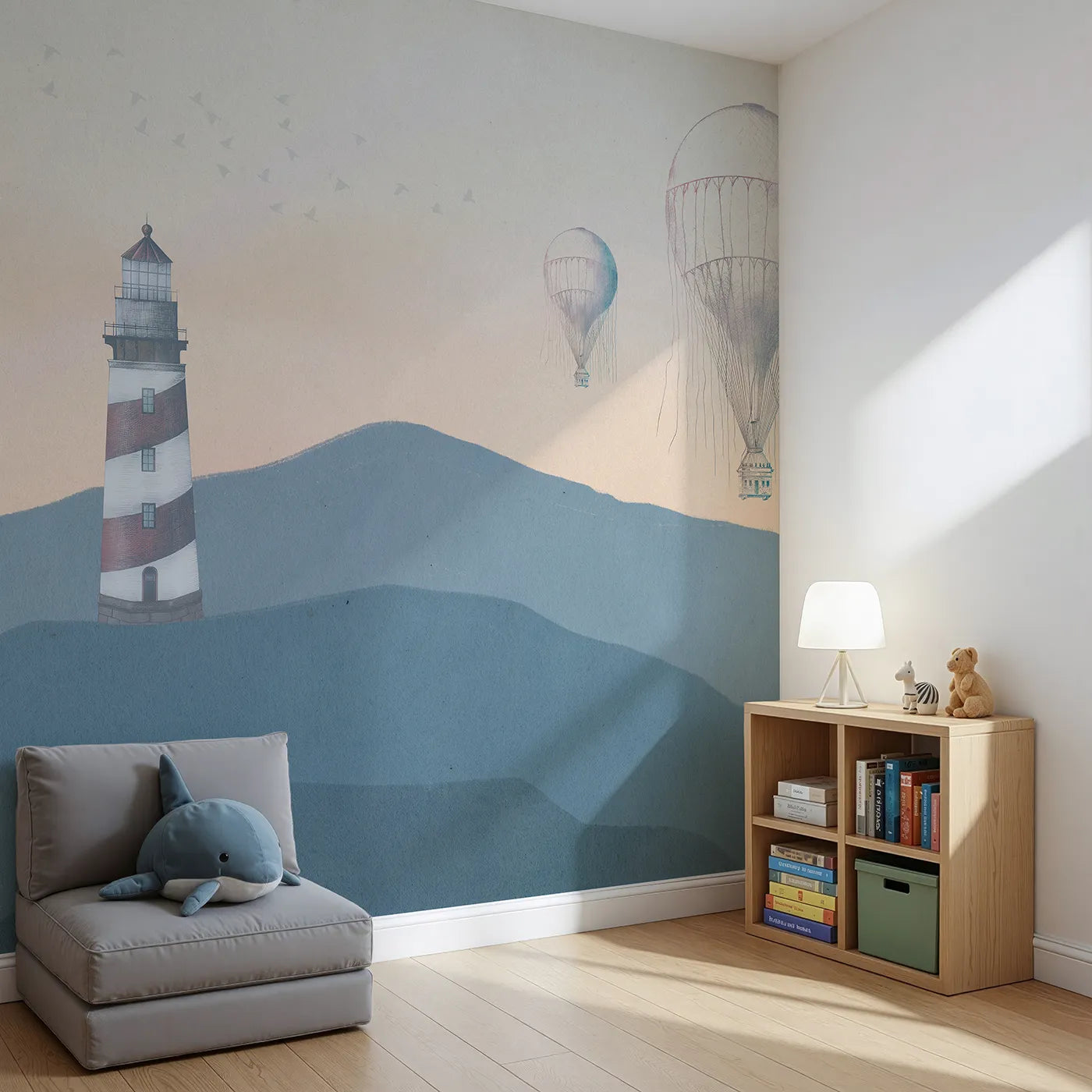 Angled view of Whimsy Tots' Coastal Balloons Wall Mural (Turn Their Room into a Dreamy, Seaside Escape).Gender-Neutral