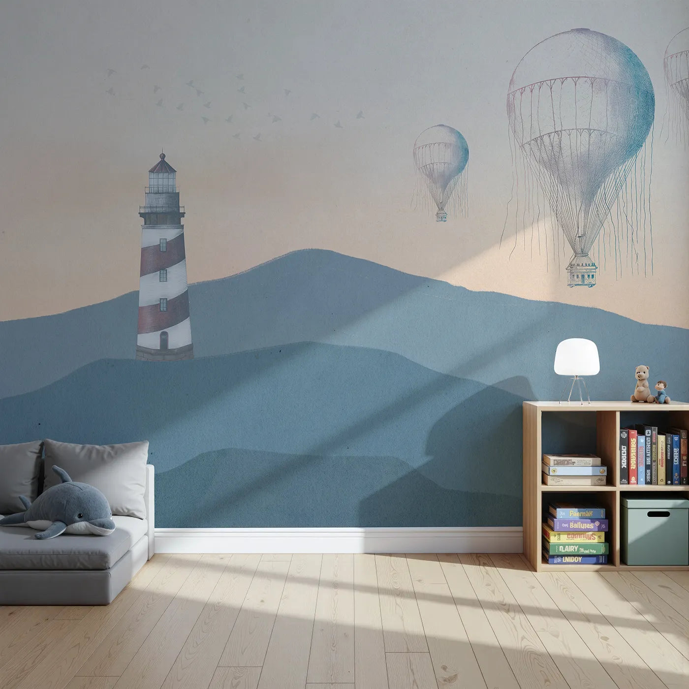 Front view of Whimsy Tots' Coastal Balloons Wall Mural