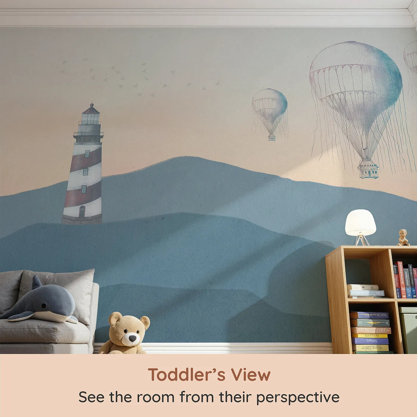 Whimsy Tots Coastal Balloons Wall Mural (Turn Their Room into a Dreamy, Seaside Escape) from your child's view.Gender-Neutral