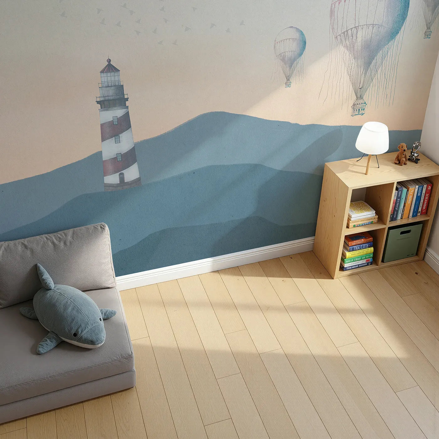Top-down view of Whimsy Tots' Coastal Balloons Wall Mural (Turn Their Room into a Dreamy, Seaside Escape).Gender-Neutral