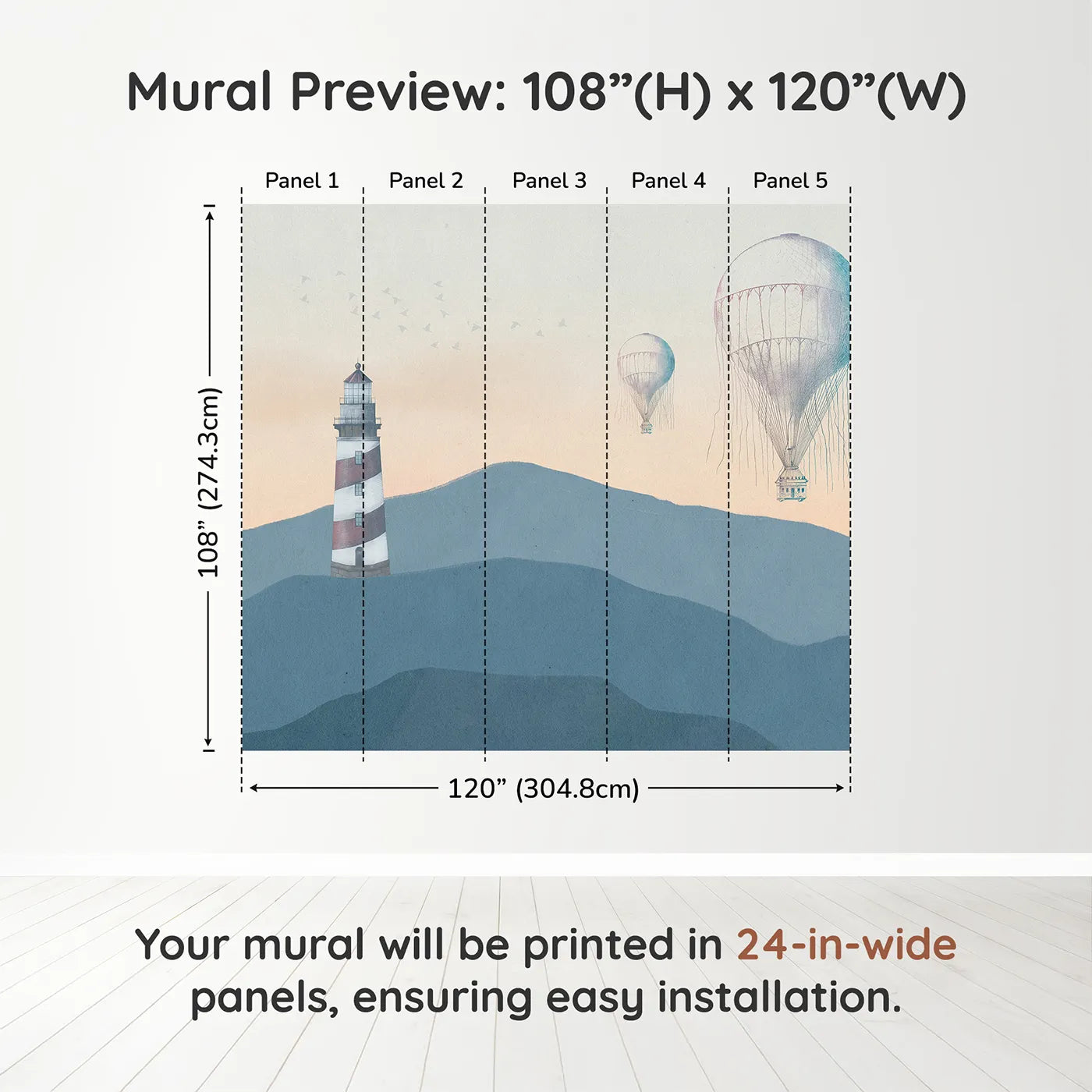 Whimsy Tots Coastal Balloons Wall Muraldimension view (108" H x 120" W). Printed in five 24-inch-wide panels. Gender-Neutral