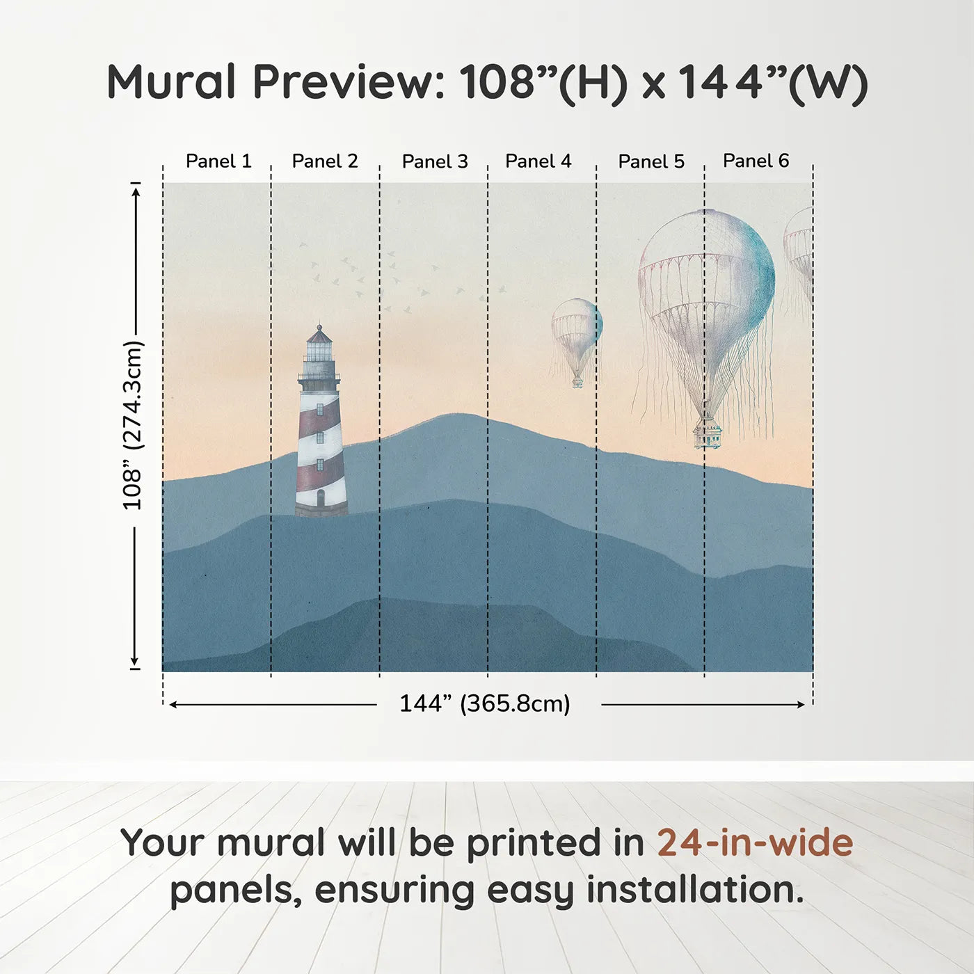Whimsy Tots Coastal Balloons Wall Muraldimension view (108" H x 144" W). Printed in six 24-inch-wide panels. Gender-Neutral