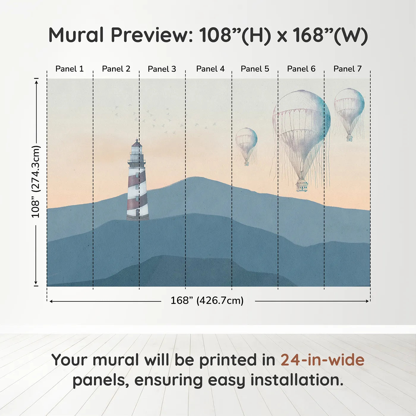 Whimsy Tots Coastal Balloons Wall Muraldimension view (108" H x 168" W). Printed in seven 24-inch-wide panels. Gender-Neutral