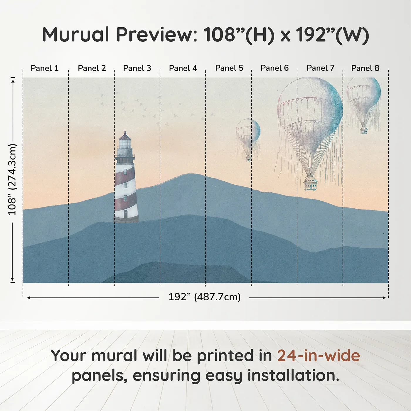 Whimsy Tots Coastal Balloons Wall Muraldimension view (108" H x 192" W). Printed in eight 24-inch-wide panels. Gender-Neutral