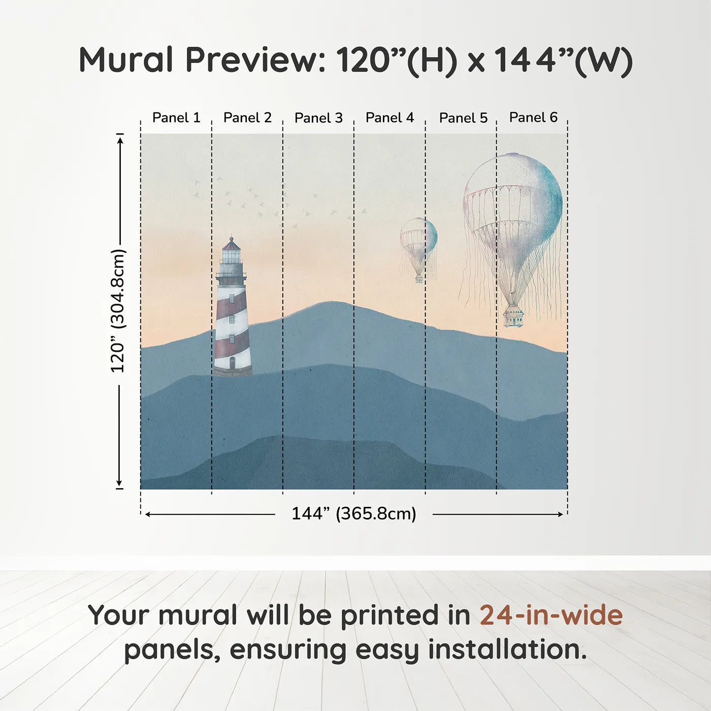 Whimsy Tots Coastal Balloons Wall Muraldimension view (120" H x 144" W). Printed in six 24-inch-wide panels. Gender-Neutral