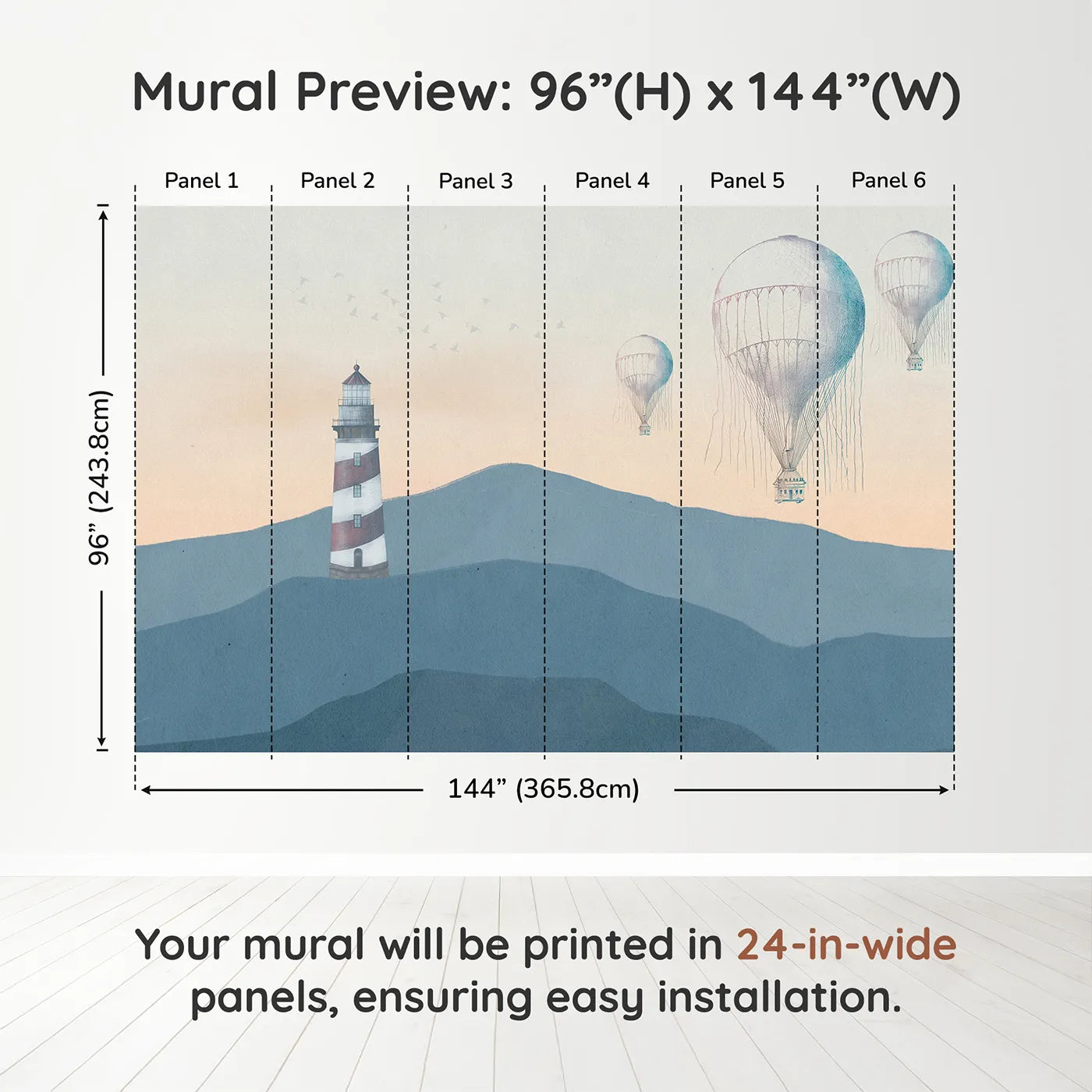 Whimsy Tots Coastal Balloons Wall Muraldimension view (96" H x 144" W). Printed in six 24-inch-wide panels. Gender-Neutral