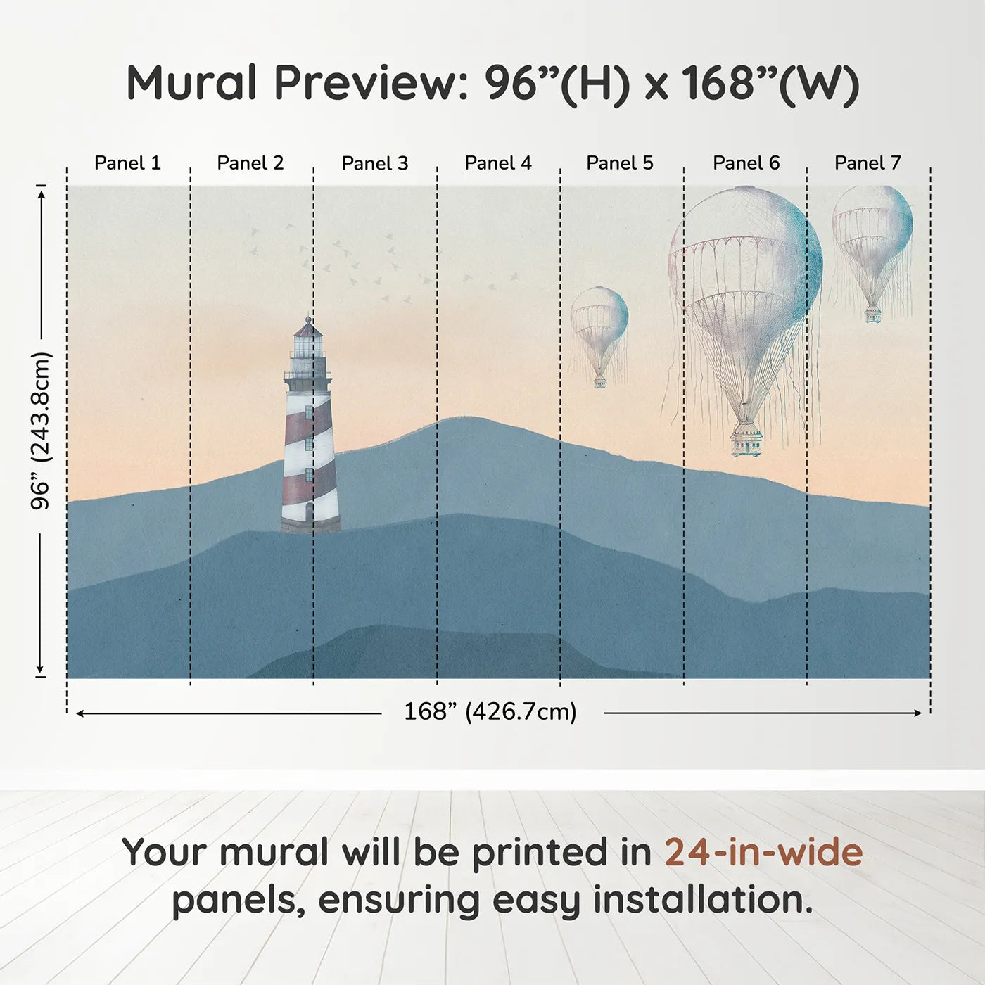 Whimsy Tots Coastal Balloons Wall Muraldimension view (96" H x 168" W). Printed in seven 24-inch-wide panels. Gender-Neutral