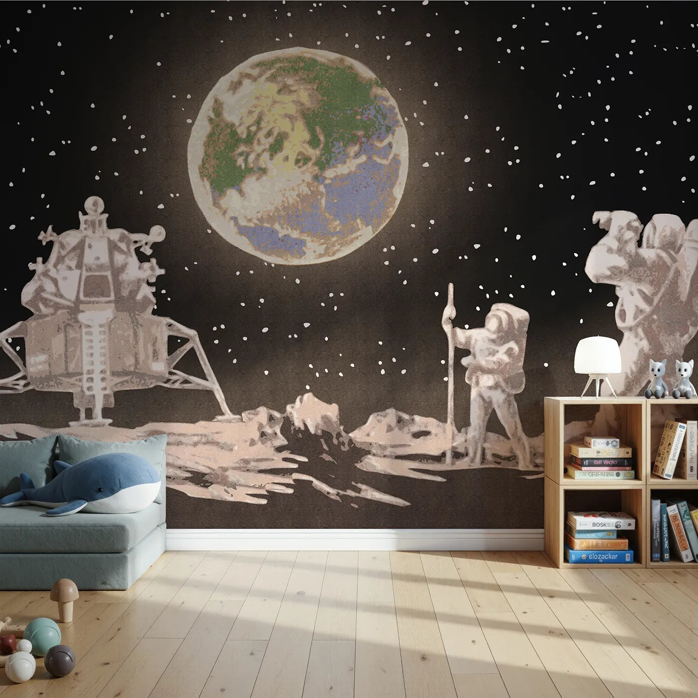 Front view of Whimsy Tots' First Steps on the Moon Wall Mural