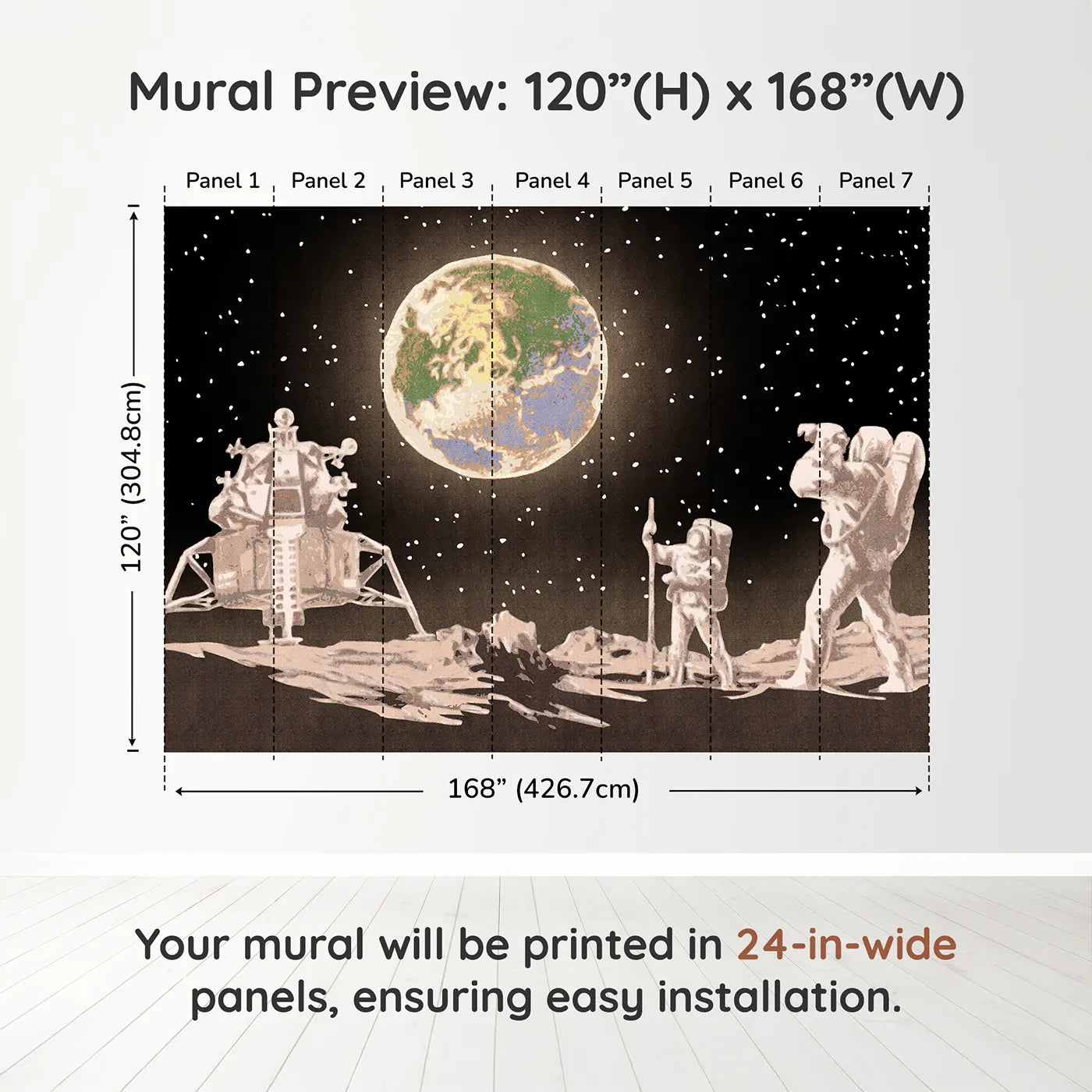 Whimsy Tots First Steps on the Moon Wall Muraldimension view (120" H x 168" W). Printed in seven 24-inch-wide panels. Gender-Neutral