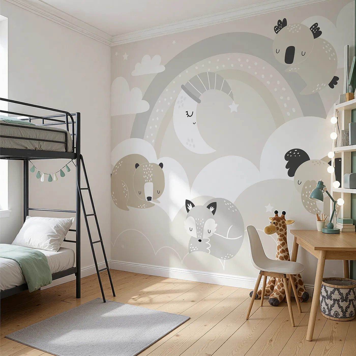 Angled view of Whimsy Tots' Sleepy Friends Wall Mural (Turn Their Room into the Coziest, Starriest Dreamland).Gender-Neutral