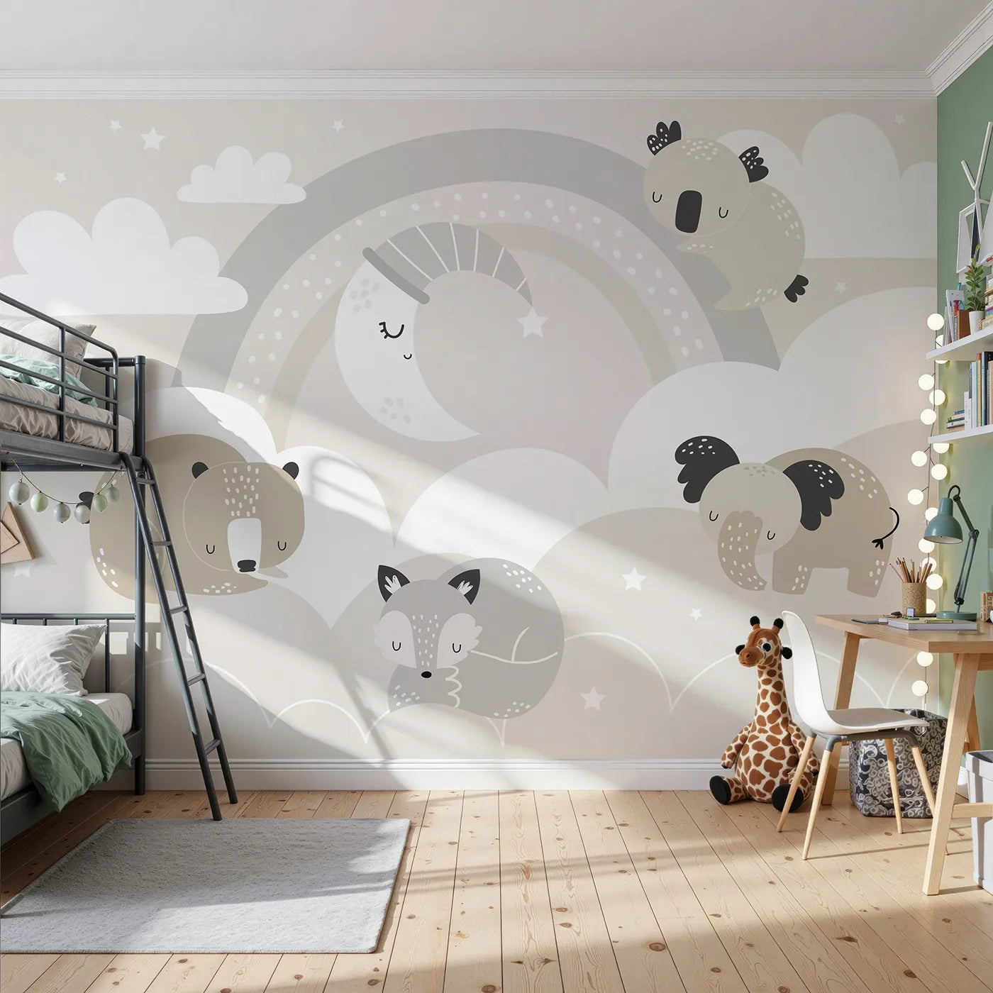 Front view of Whimsy Tots' Sleepy Friends Wall Mural