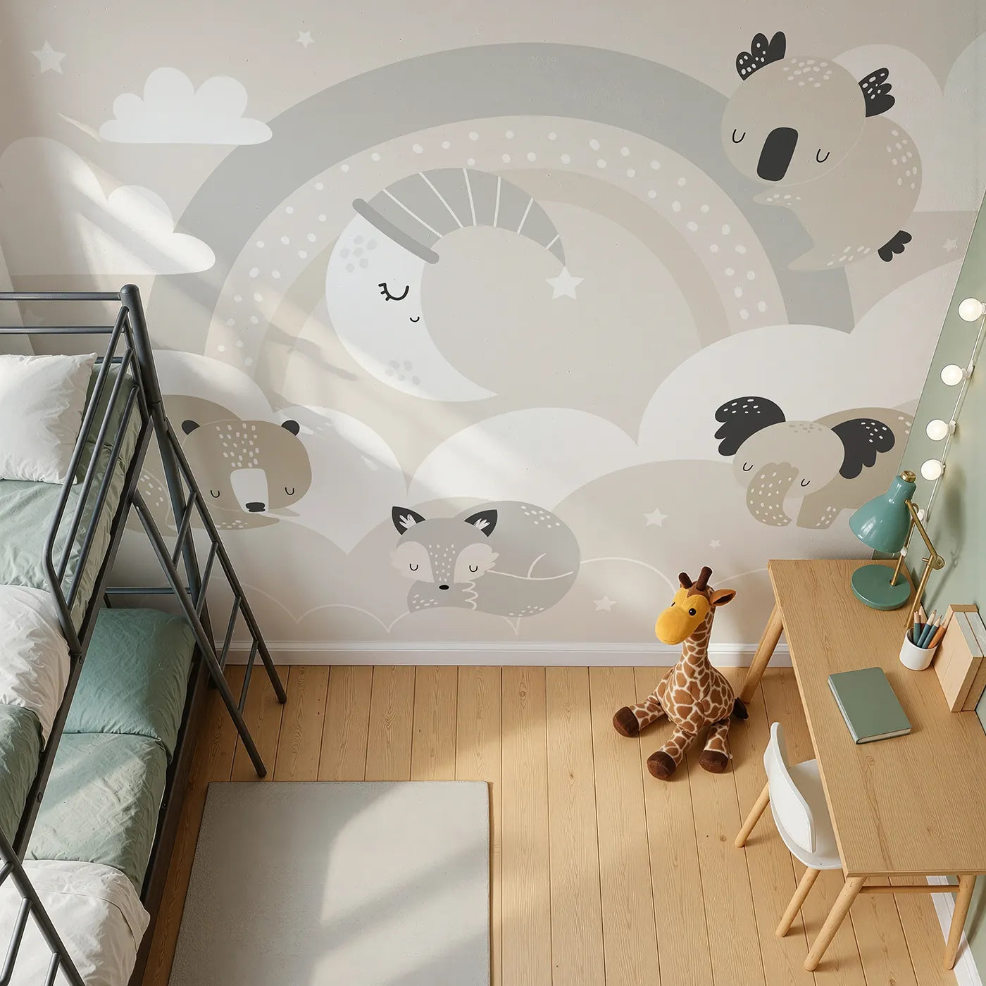 Top-down view of Whimsy Tots' Sleepy Friends Wall Mural (Turn Their Room into the Coziest, Starriest Dreamland).Gender-Neutral