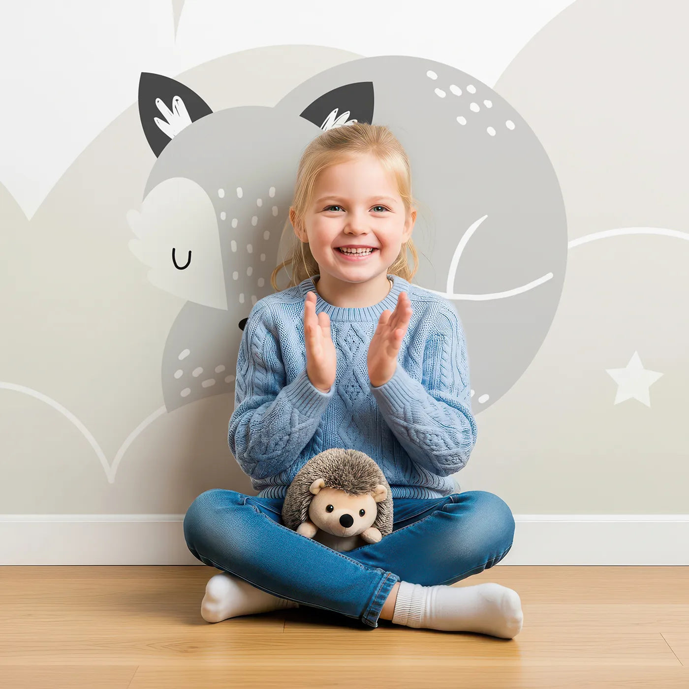 Child in front of Whimsy Tots Sleepy Friends Wall Mural with animal, sleep, cute, rainbow, moon, star, neutral, nursery in design.