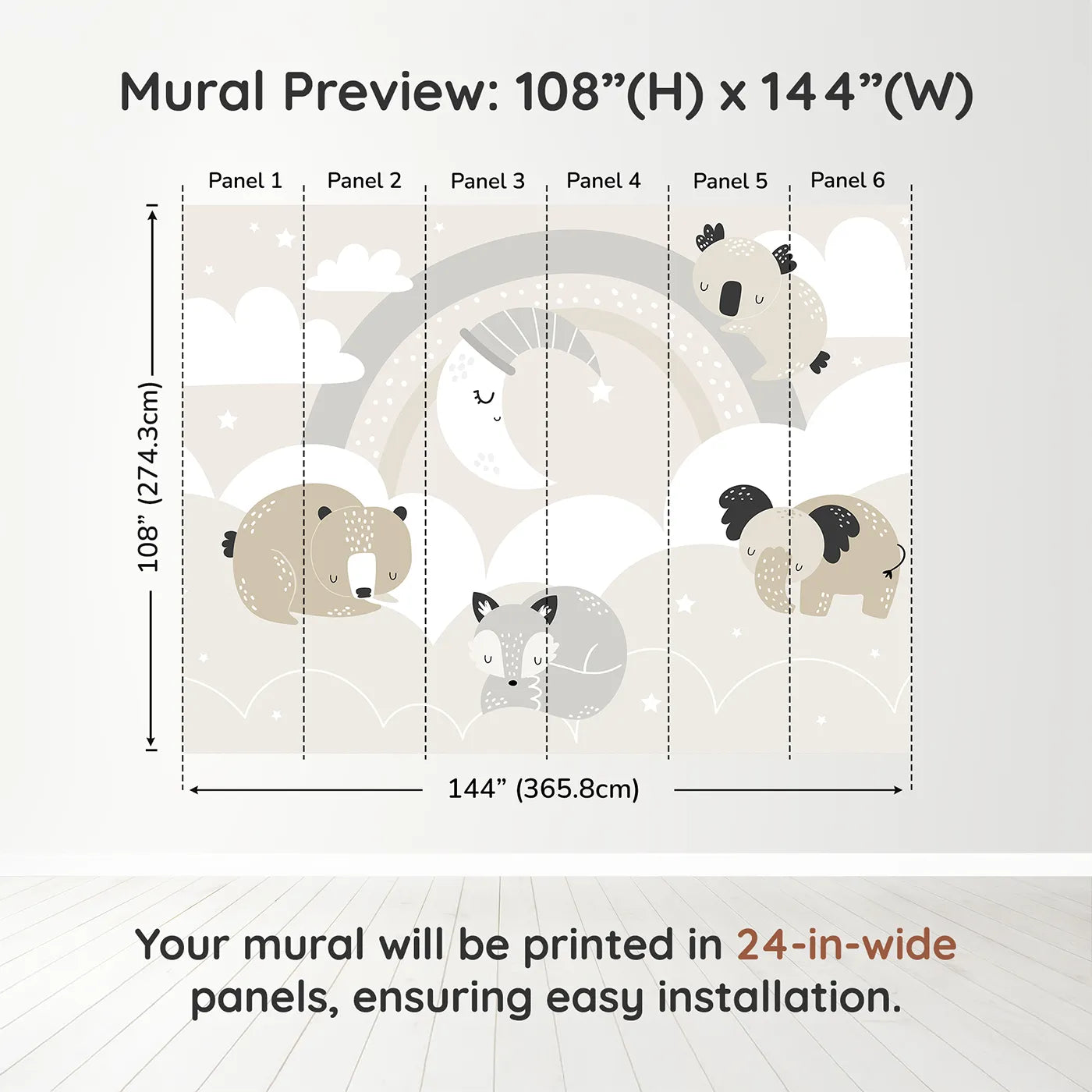Whimsy Tots Sleepy Friends Wall Muraldimension view (108" H x 144" W). Printed in six 24-inch-wide panels. Gender-Neutral