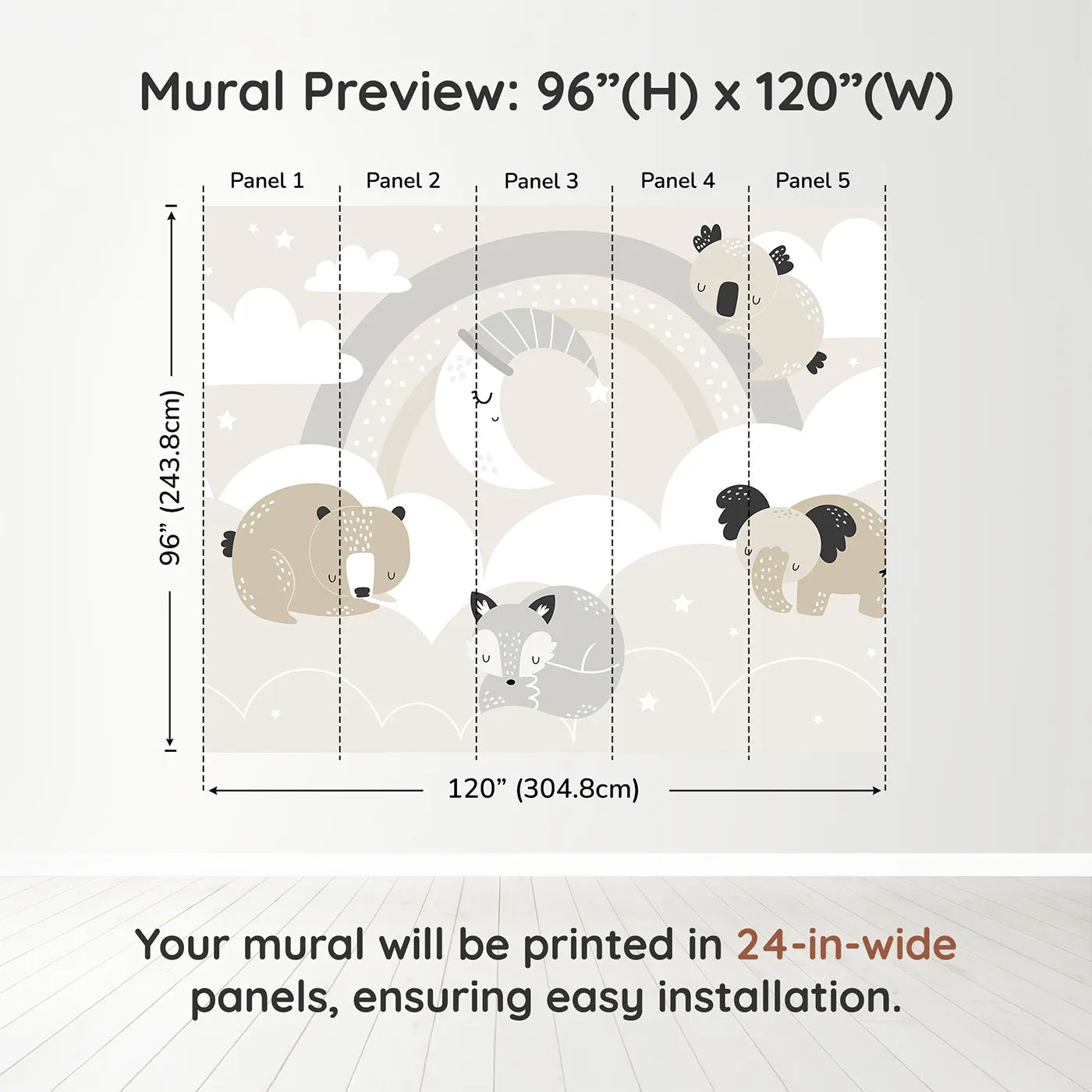 Whimsy Tots Sleepy Friends Wall Muraldimension view (96" H x 120" W). Printed in five 24-inch-wide panels. Gender-Neutral