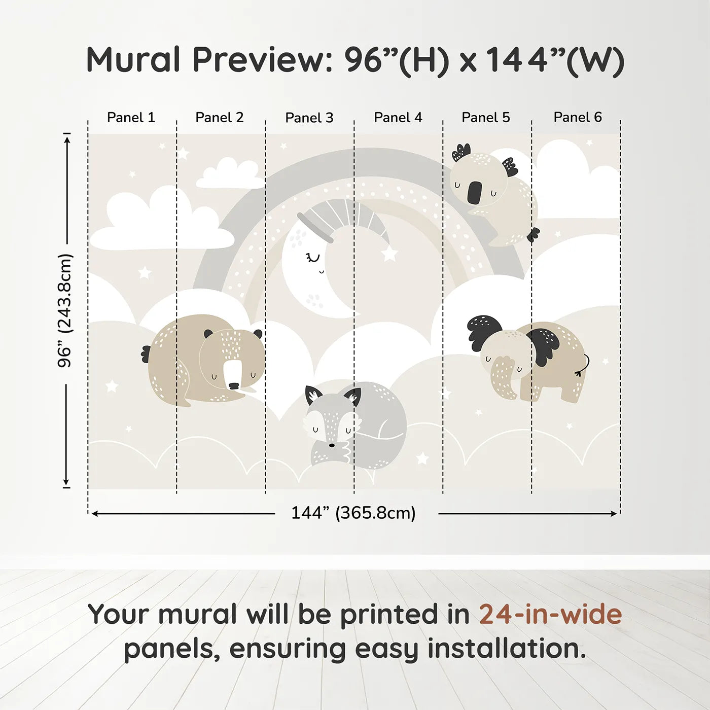 Whimsy Tots Sleepy Friends Wall Muraldimension view (96" H x 144" W). Printed in six 24-inch-wide panels. Gender-Neutral