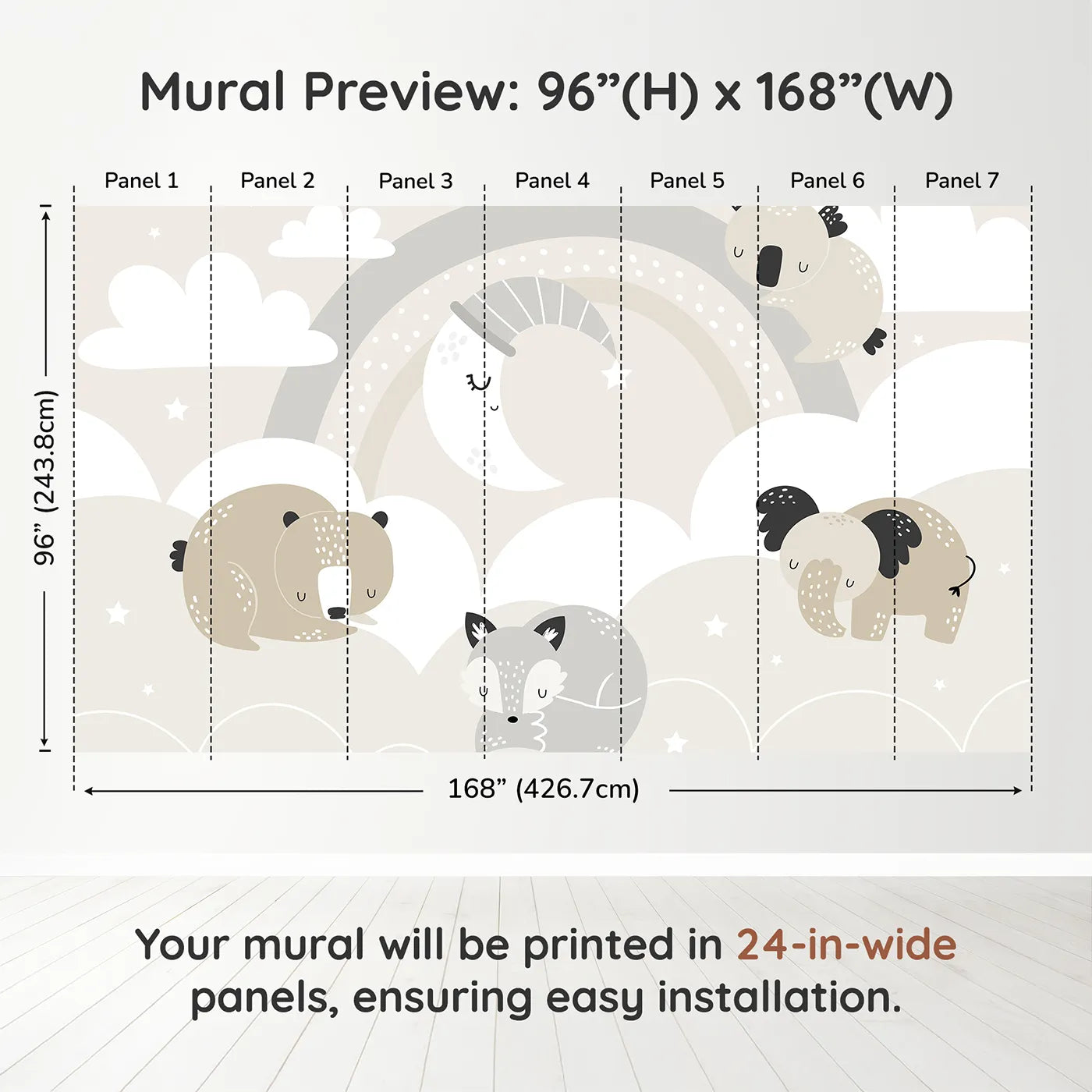 Whimsy Tots Sleepy Friends Wall Muraldimension view (96" H x 168" W). Printed in seven 24-inch-wide panels. Gender-Neutral