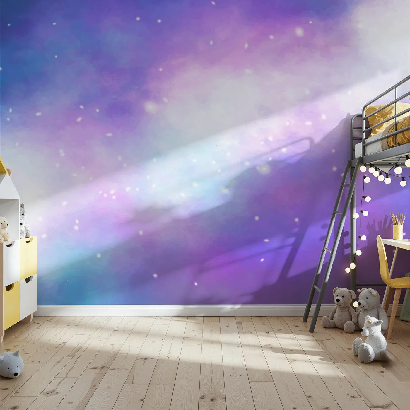 Front view of Whimsy Tots' Purple Galaxy Cloud Wall Mural