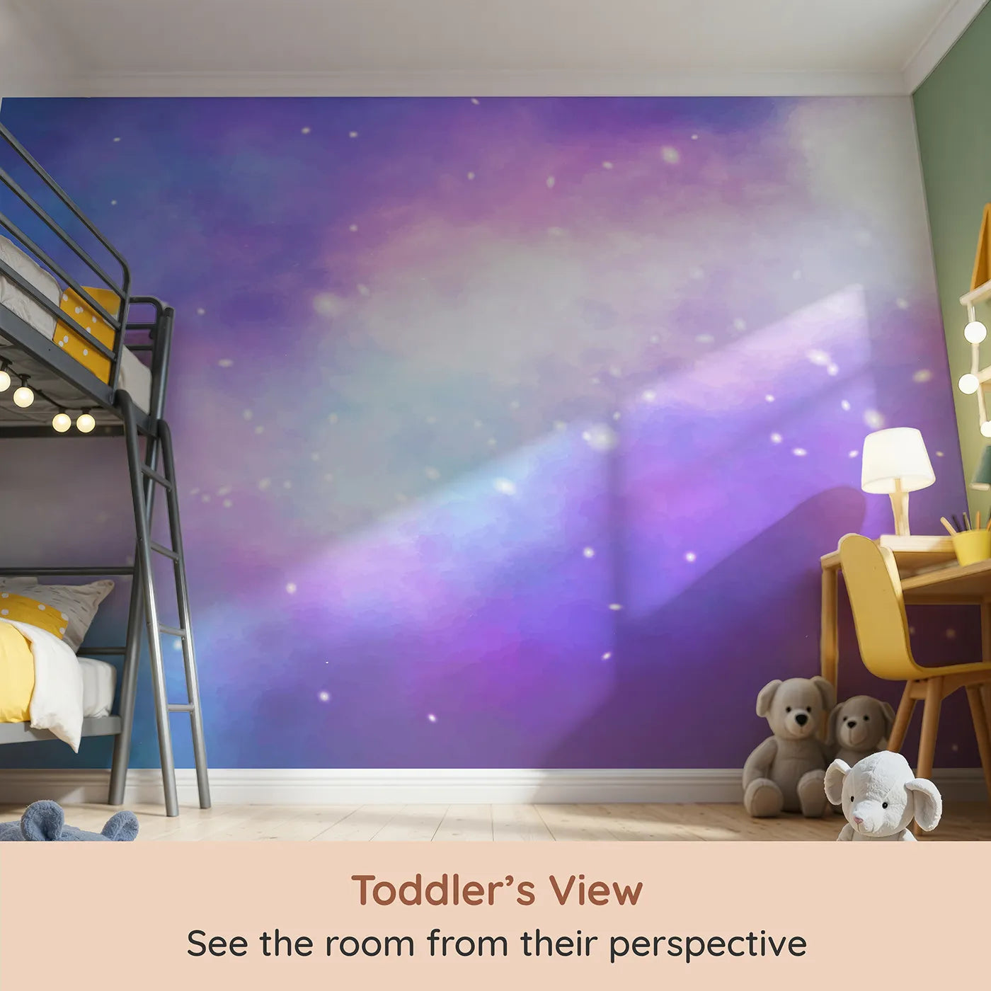 Whimsy Tots Purple Galaxy Cloud Wall Mural (Turn Their Room into a Dreamy, Sparkling Cosmos) from your child's view.Gender-Neutral