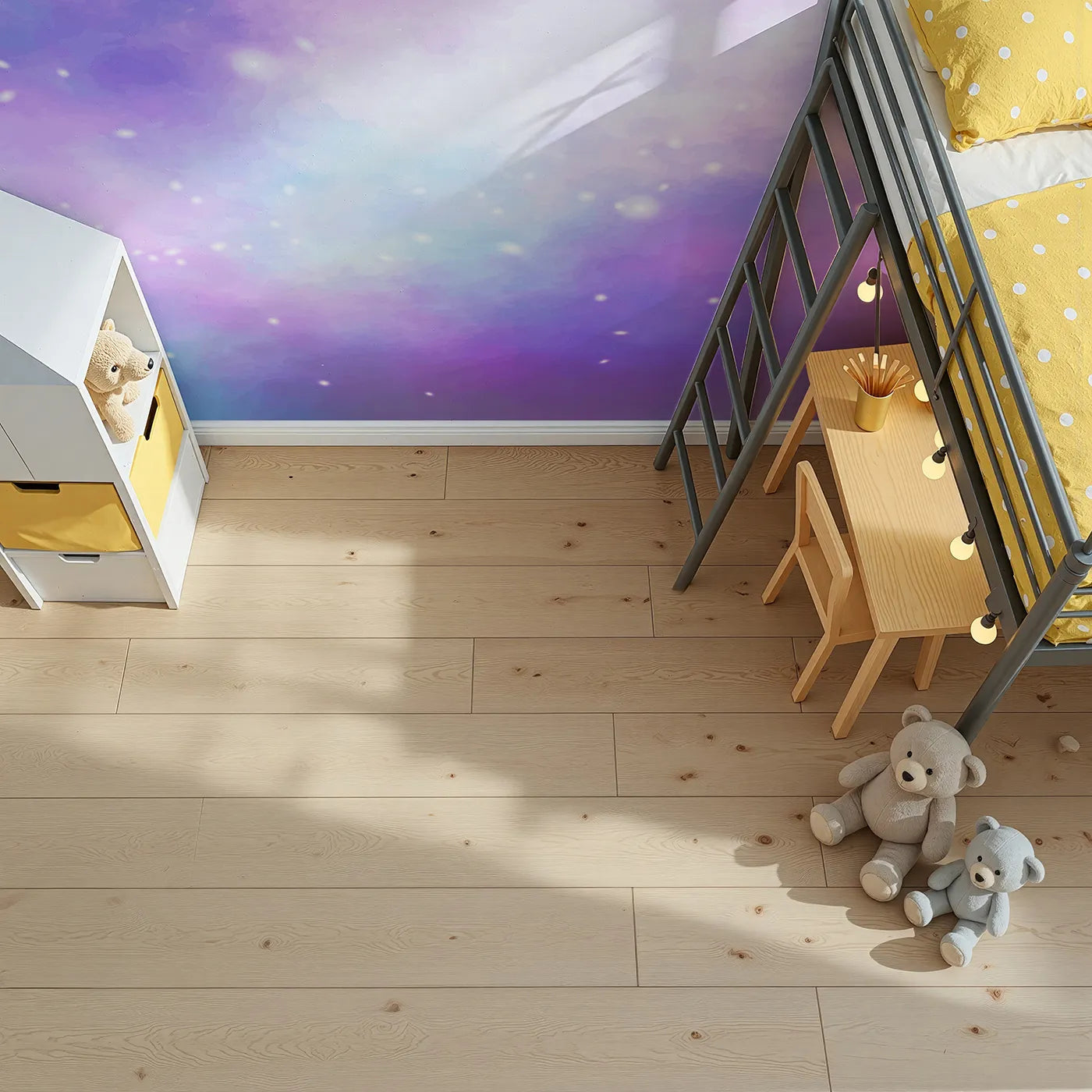 Top-down view of Whimsy Tots' Purple Galaxy Cloud Wall Mural (Turn Their Room into a Dreamy, Sparkling Cosmos).Gender-Neutral