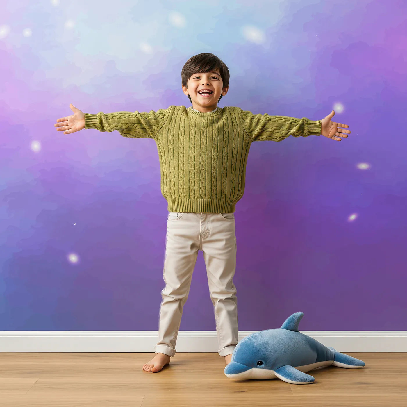 Child in front of Whimsy Tots Purple Galaxy Cloud Wall Mural with galaxy, space, purple, blue, abstract, watercolor, sparkle, nebula in design.