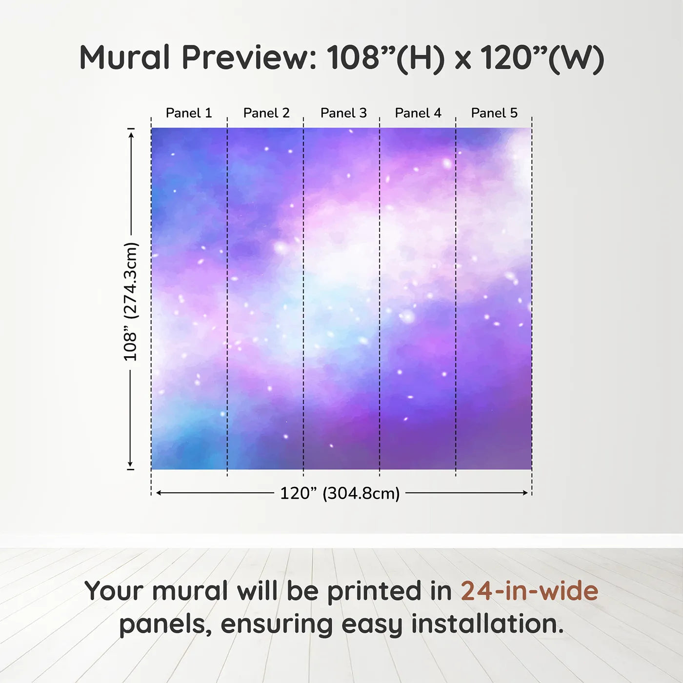 Whimsy Tots Purple Galaxy Cloud Wall Muraldimension view (108" H x 120" W). Printed in five 24-inch-wide panels. Gender-Neutral