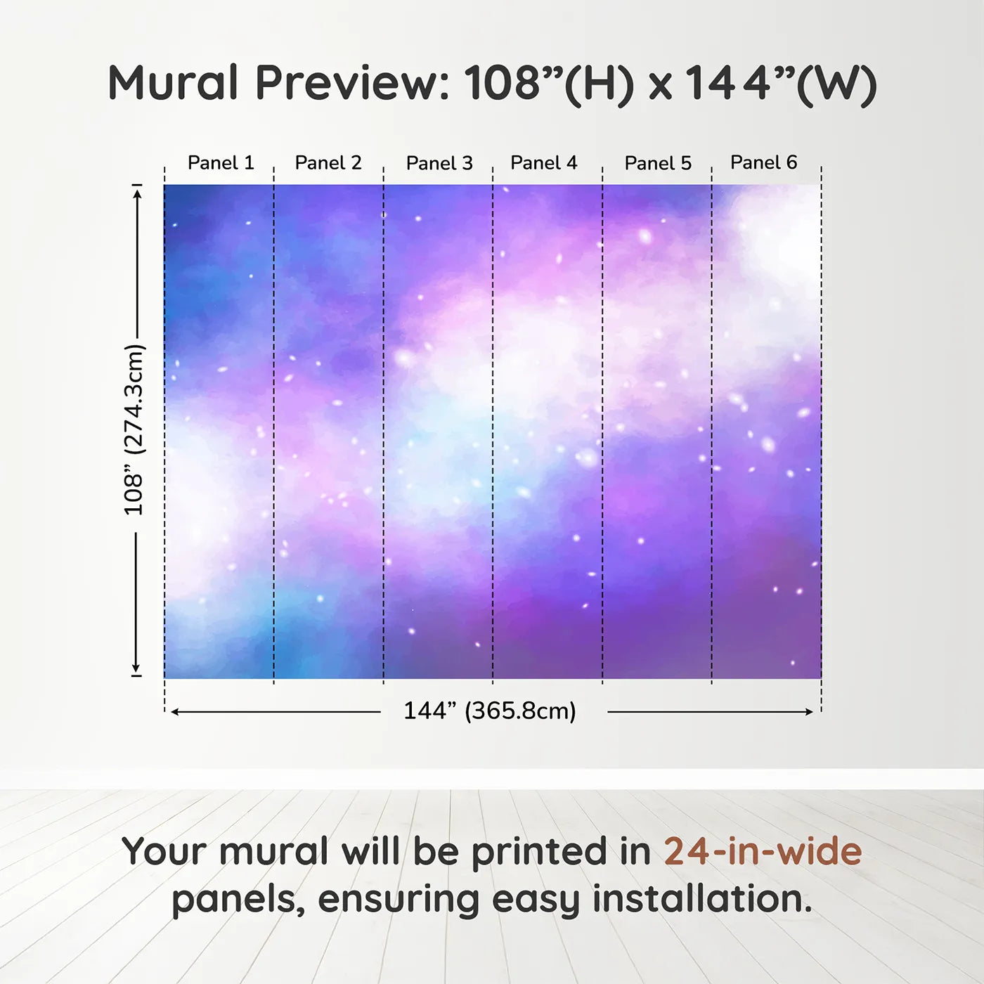 Whimsy Tots Purple Galaxy Cloud Wall Muraldimension view (108" H x 144" W). Printed in six 24-inch-wide panels. Gender-Neutral