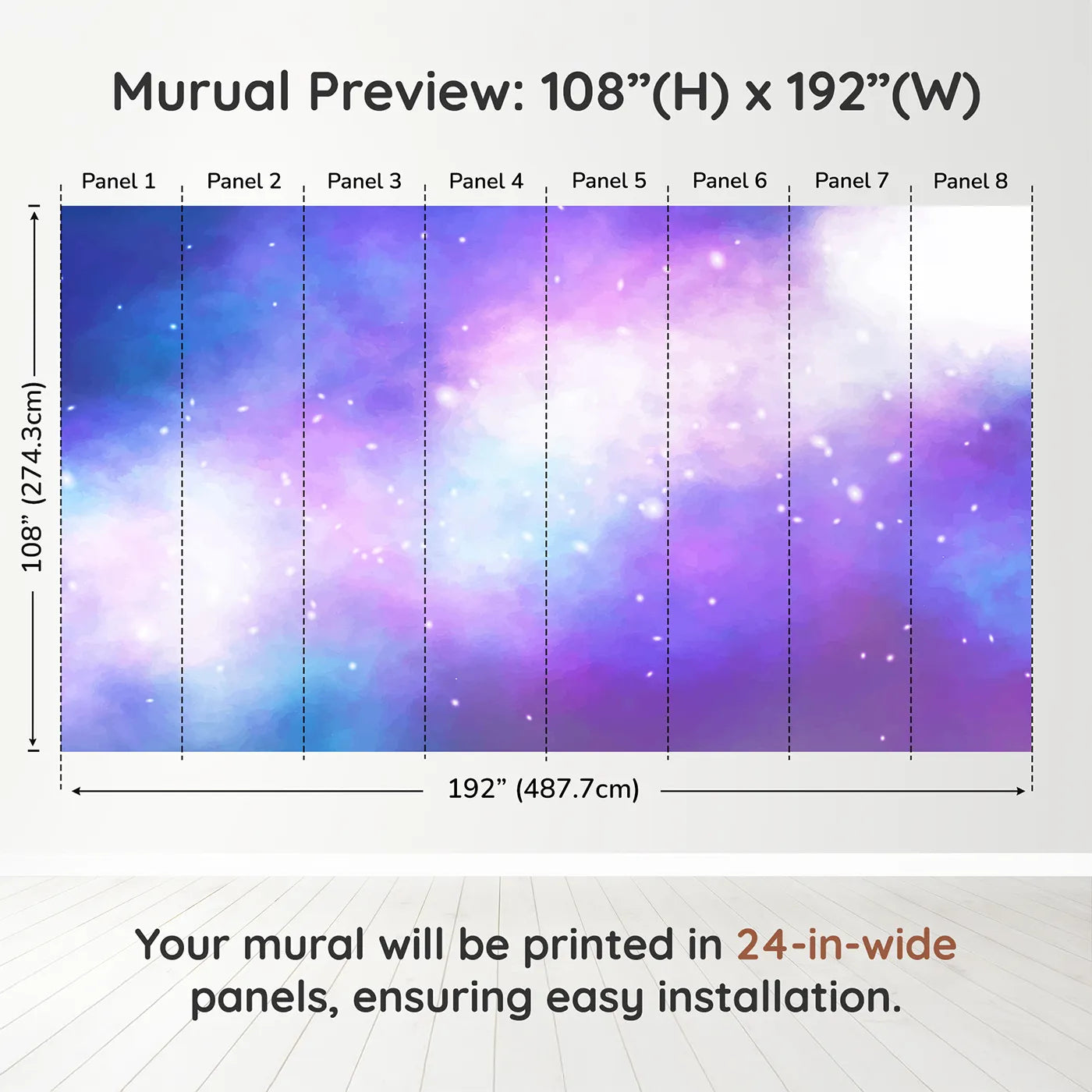 Whimsy Tots Purple Galaxy Cloud Wall Muraldimension view (108" H x 192" W). Printed in eight 24-inch-wide panels. Gender-Neutral