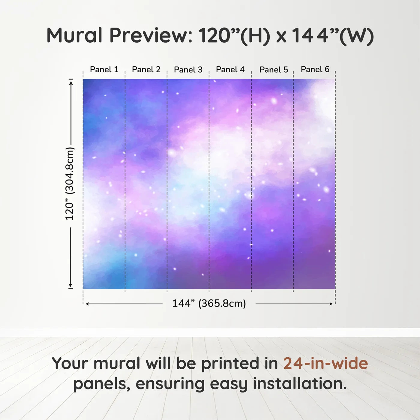 Whimsy Tots Purple Galaxy Cloud Wall Muraldimension view (120" H x 144" W). Printed in six 24-inch-wide panels. Gender-Neutral