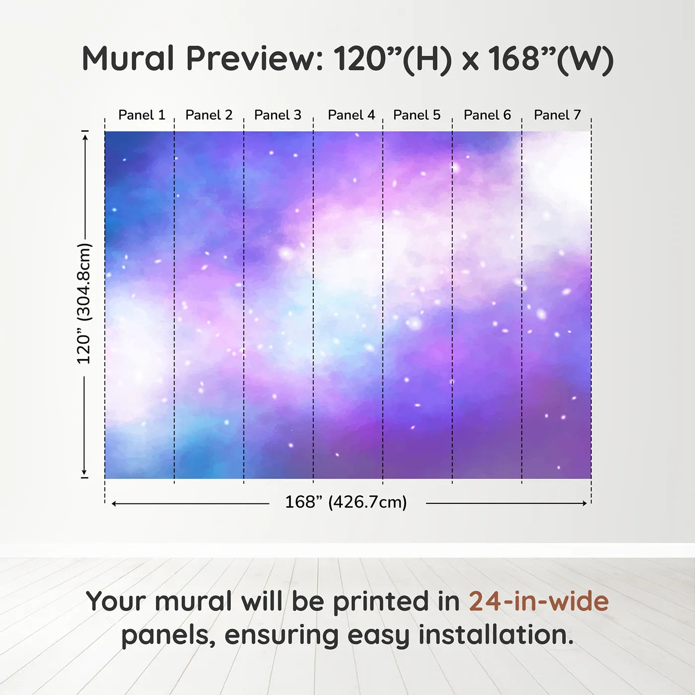 Whimsy Tots Purple Galaxy Cloud Wall Muraldimension view (120" H x 168" W). Printed in seven 24-inch-wide panels. Gender-Neutral