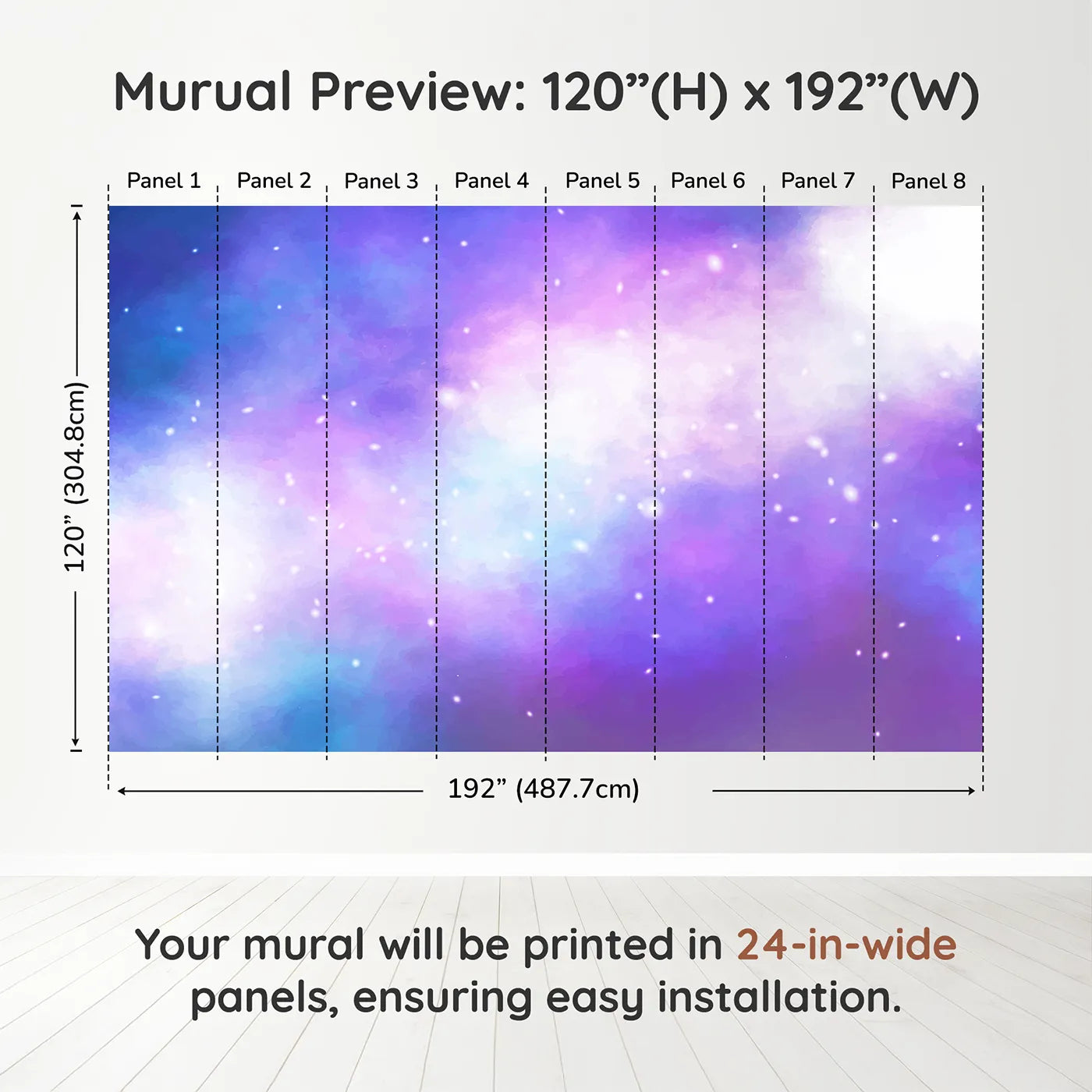 Whimsy Tots Purple Galaxy Cloud Wall Muraldimension view (120" H x 192" W). Printed in eight 24-inch-wide panels. Gender-Neutral