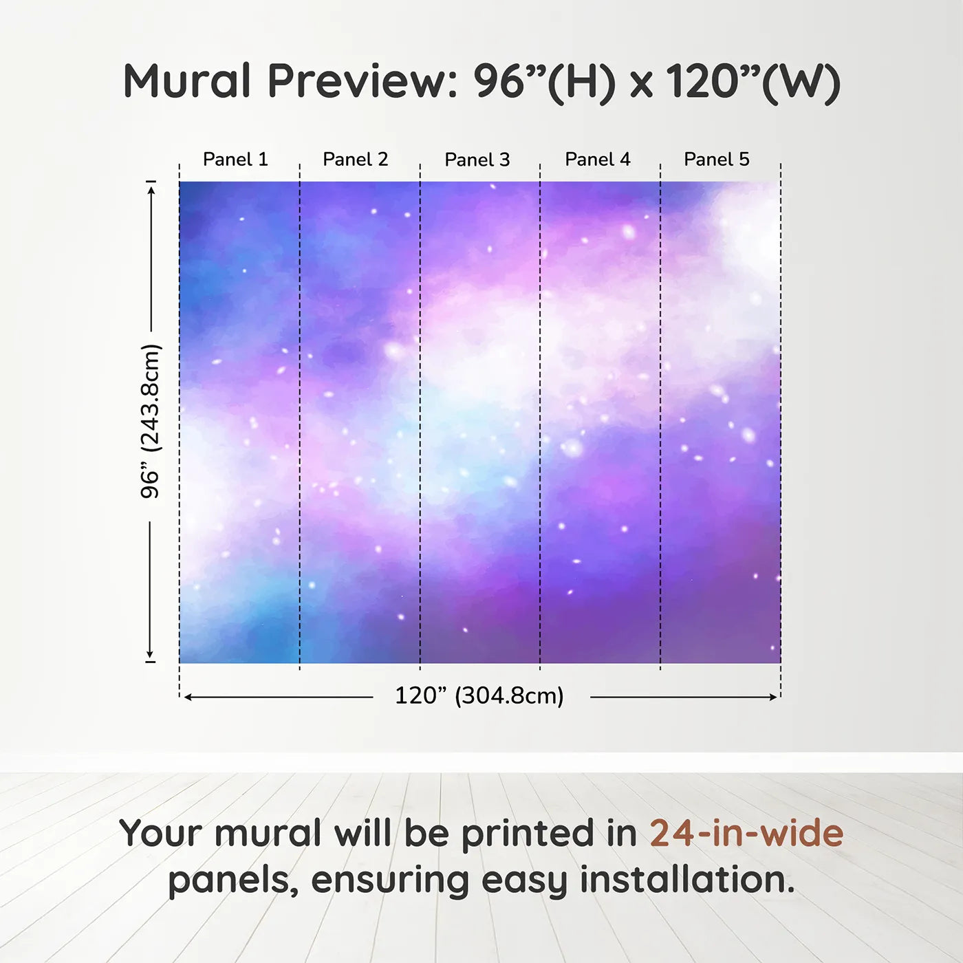 Whimsy Tots Purple Galaxy Cloud Wall Muraldimension view (96" H x 120" W). Printed in five 24-inch-wide panels. Gender-Neutral