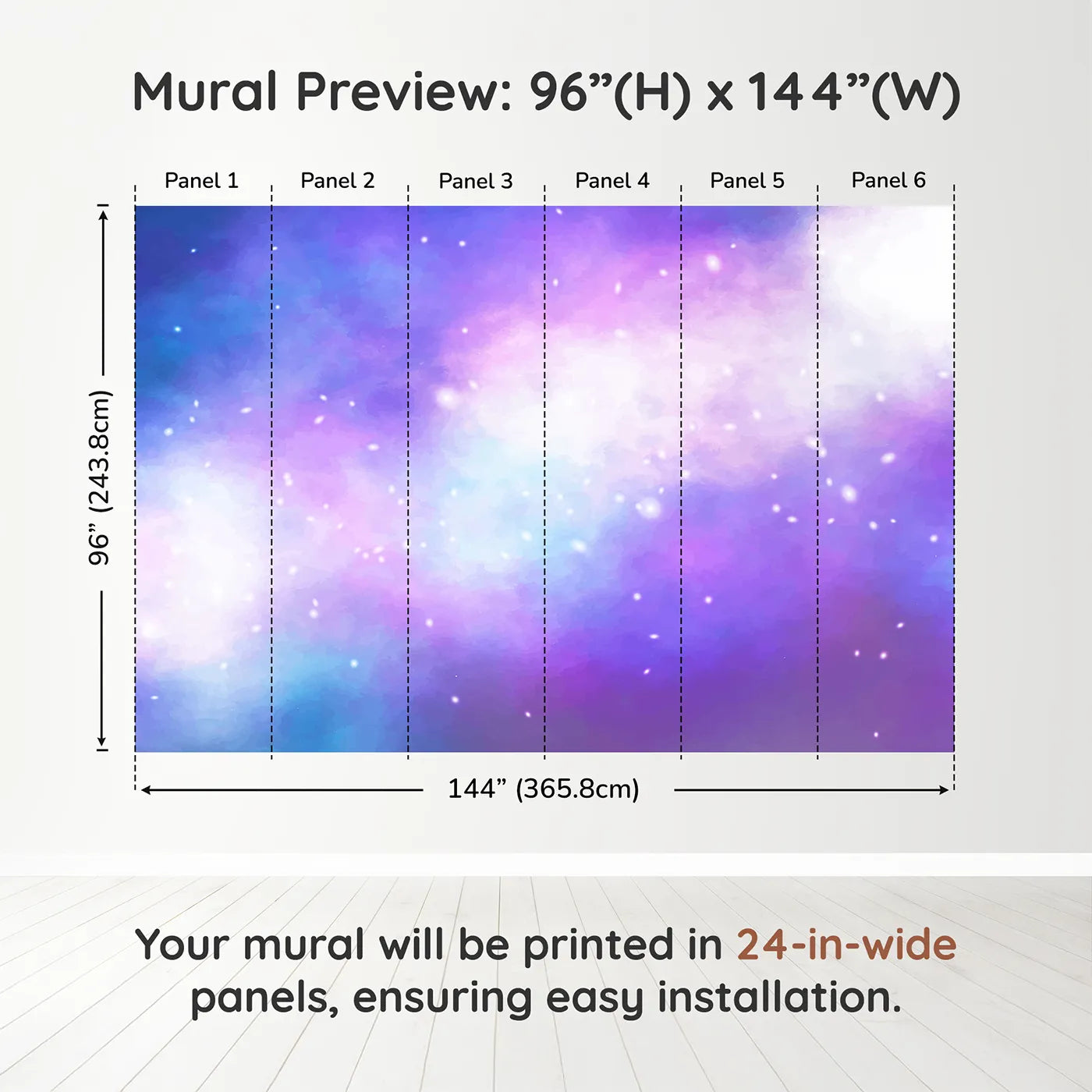 Whimsy Tots Purple Galaxy Cloud Wall Muraldimension view (96" H x 144" W). Printed in six 24-inch-wide panels. Gender-Neutral
