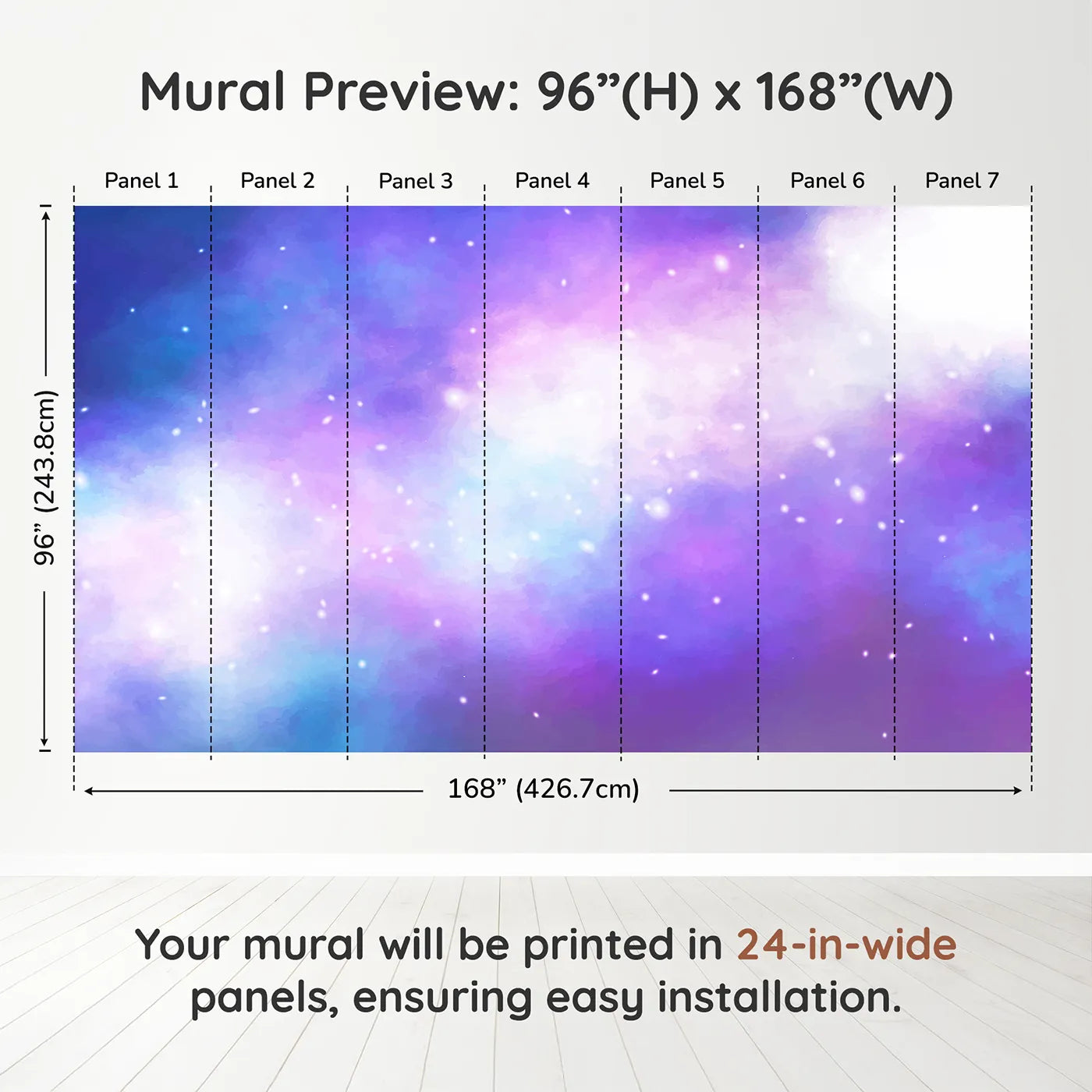 Whimsy Tots Purple Galaxy Cloud Wall Muraldimension view (96" H x 168" W). Printed in seven 24-inch-wide panels. Gender-Neutral
