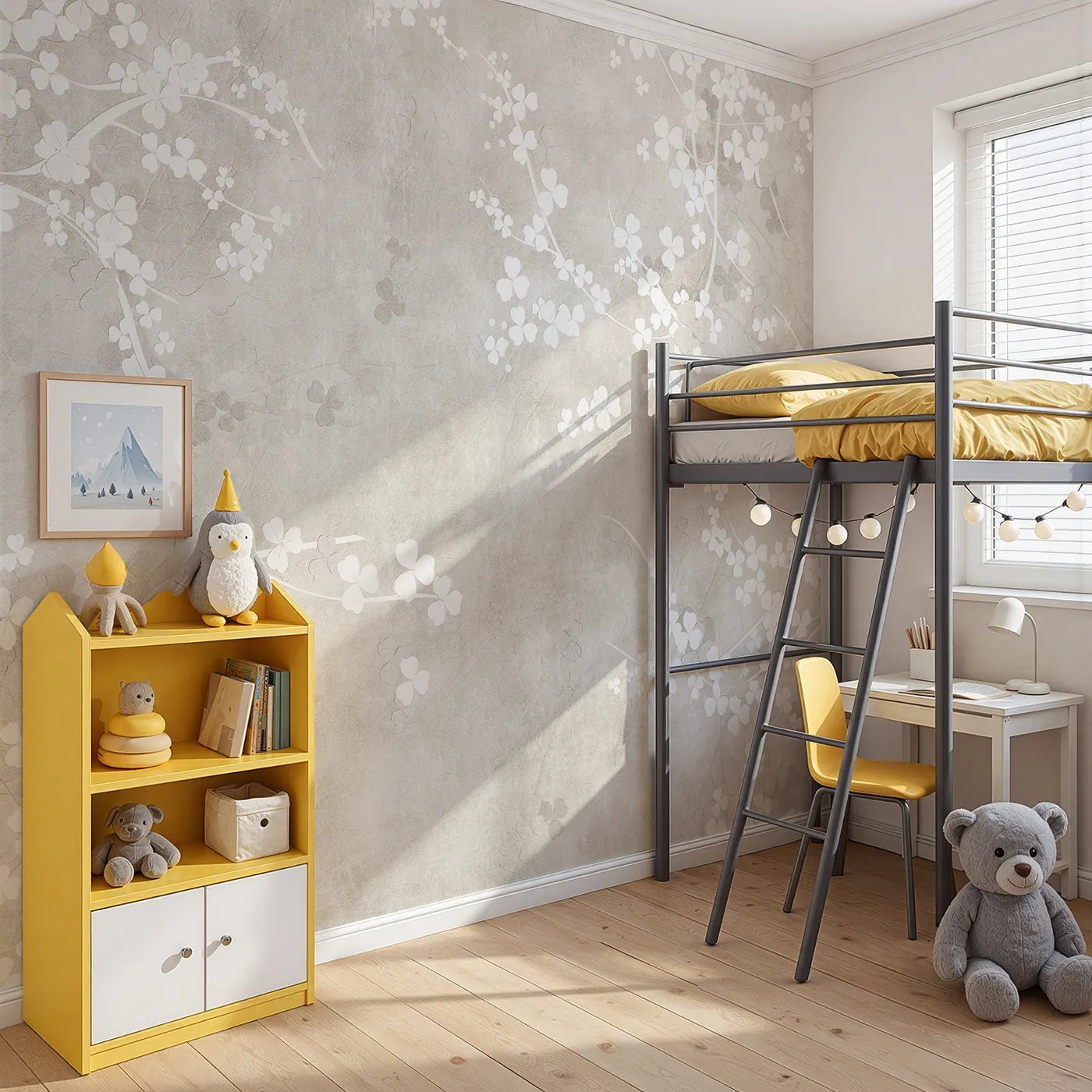 Angled view of Whimsy Tots' Beige Blossom Wall Mural (Turn Their Room into a Garden of Gentle, Neutral Beauty).Gender-Neutral