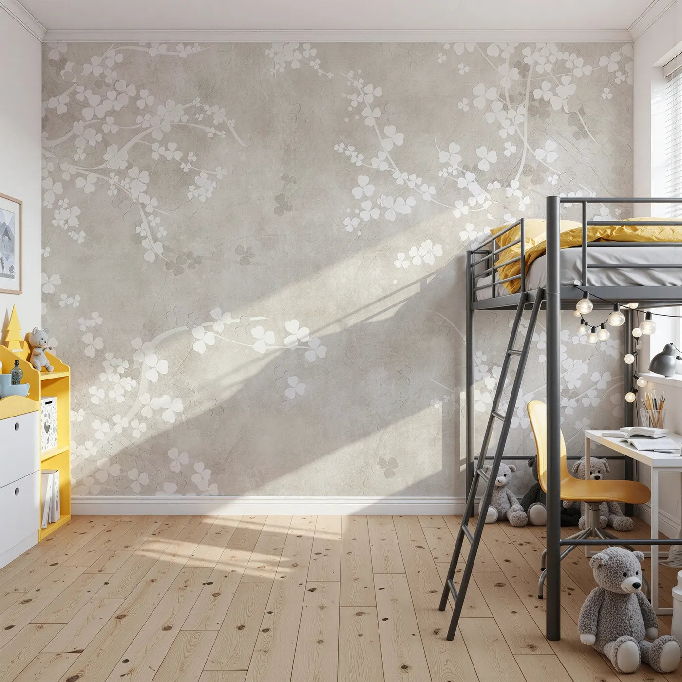 Front view of Whimsy Tots' Beige Blossom Wall Mural