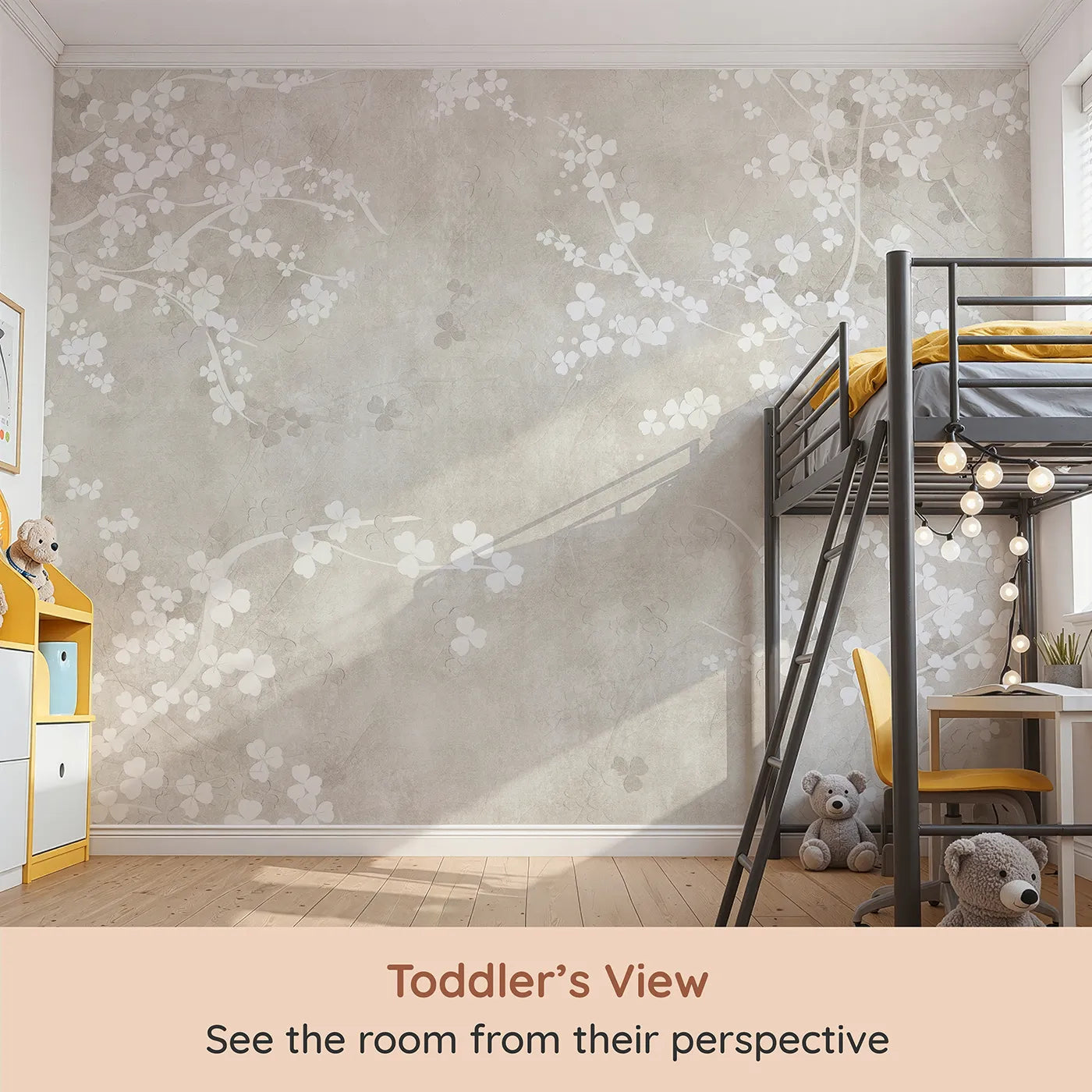 Whimsy Tots Beige Blossom Wall Mural (Turn Their Room into a Garden of Gentle, Neutral Beauty) from your child's view.Gender-Neutral