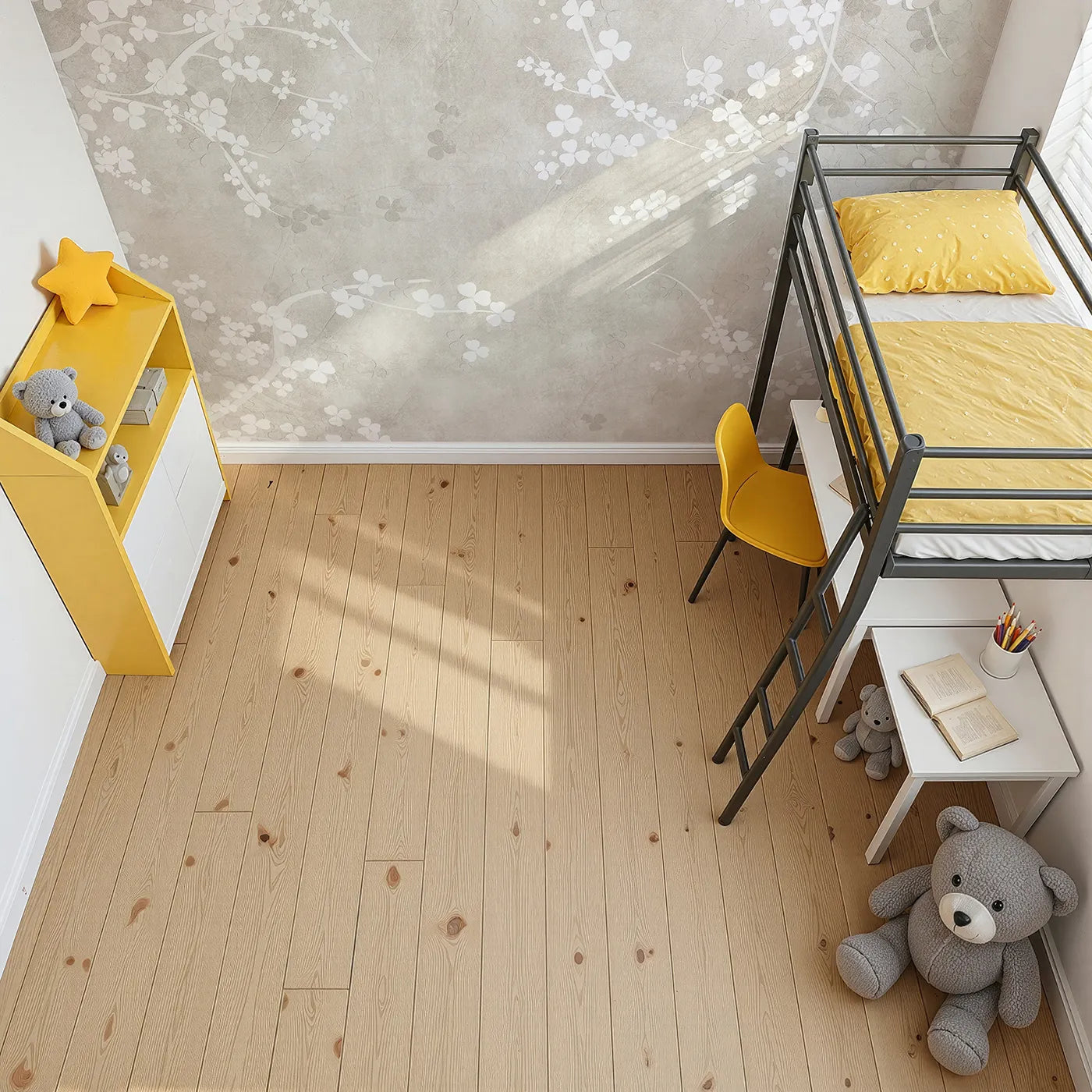 Top-down view of Whimsy Tots' Beige Blossom Wall Mural (Turn Their Room into a Garden of Gentle, Neutral Beauty).Gender-Neutral