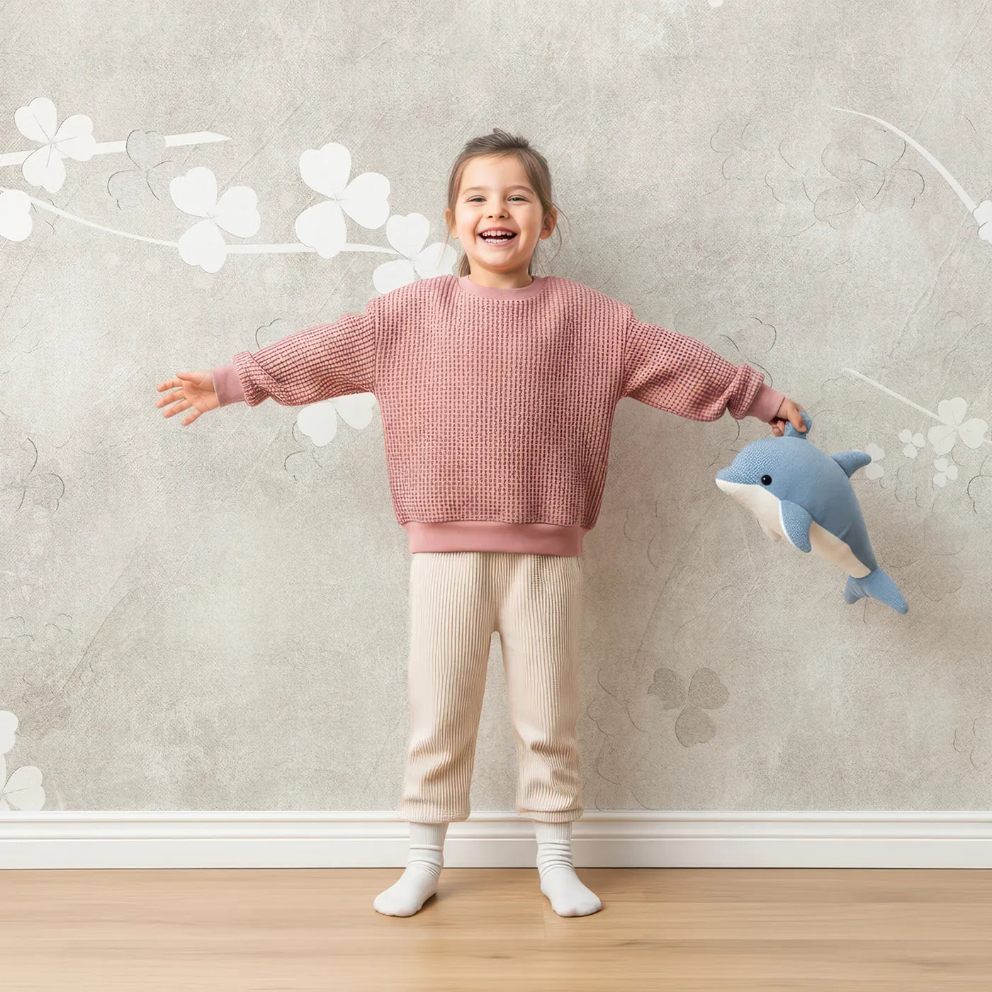 Child in front of Whimsy Tots Beige Blossom Wall Mural with flower, blossom, branch, beige, white, neutral, simple, floral in design.