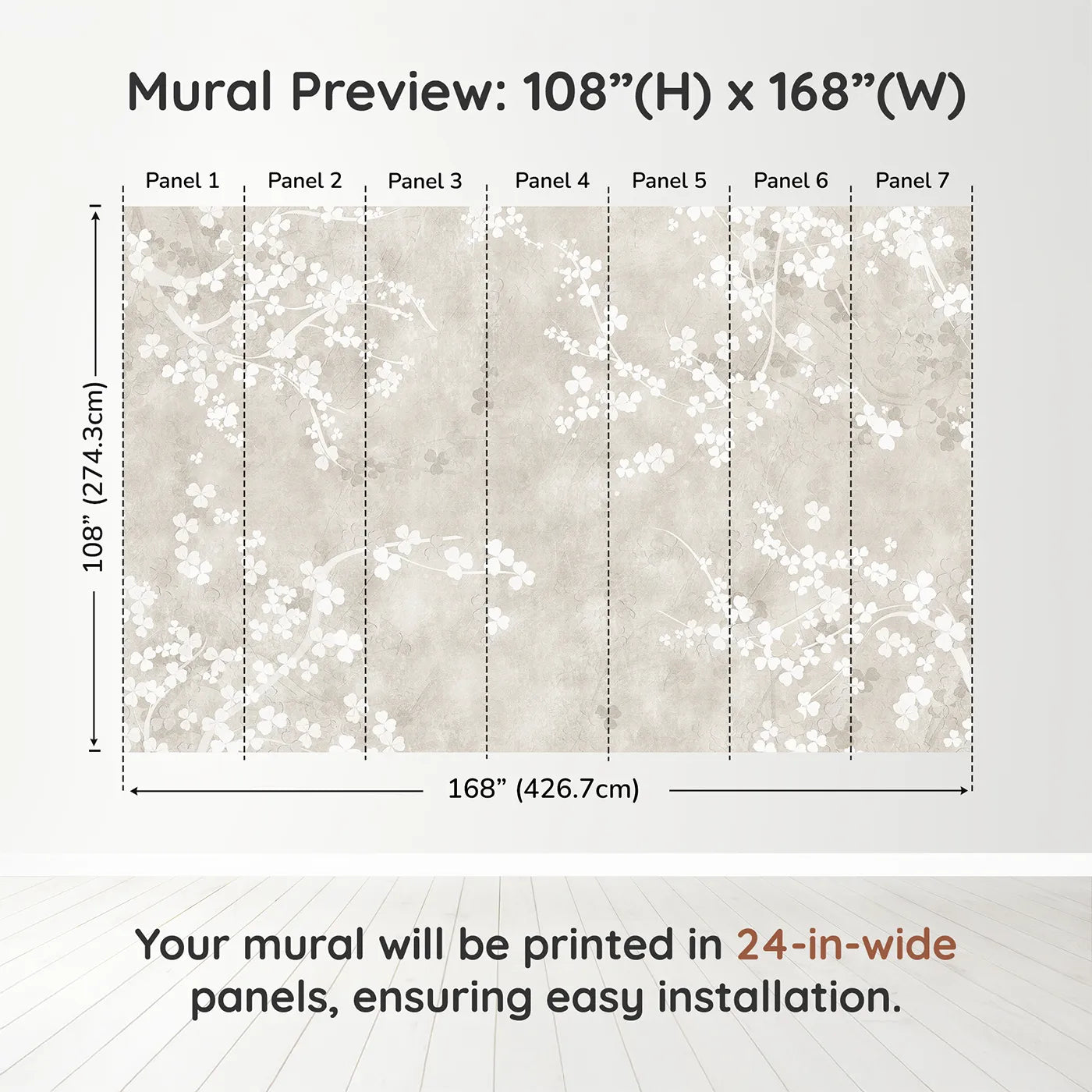 Whimsy Tots Beige Blossom Wall Muraldimension view (108" H x 168" W). Printed in seven 24-inch-wide panels. Gender-Neutral