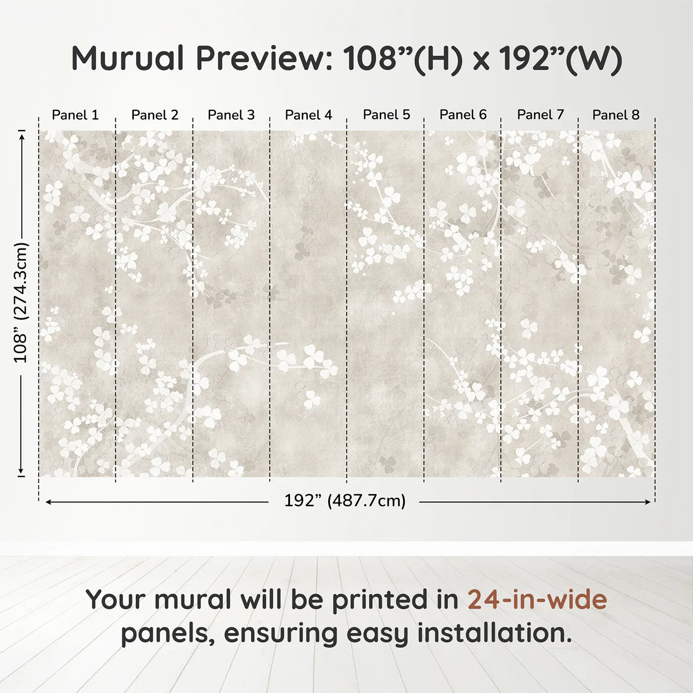 Whimsy Tots Beige Blossom Wall Muraldimension view (108" H x 192" W). Printed in eight 24-inch-wide panels. Gender-Neutral