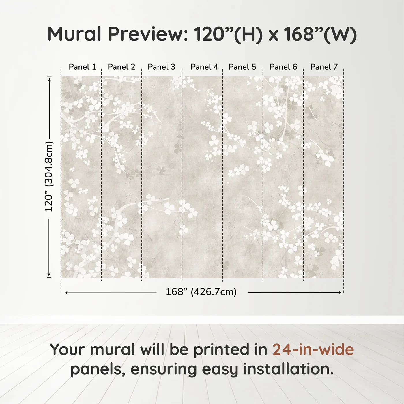 Whimsy Tots Beige Blossom Wall Muraldimension view (120" H x 168" W). Printed in seven 24-inch-wide panels. Gender-Neutral