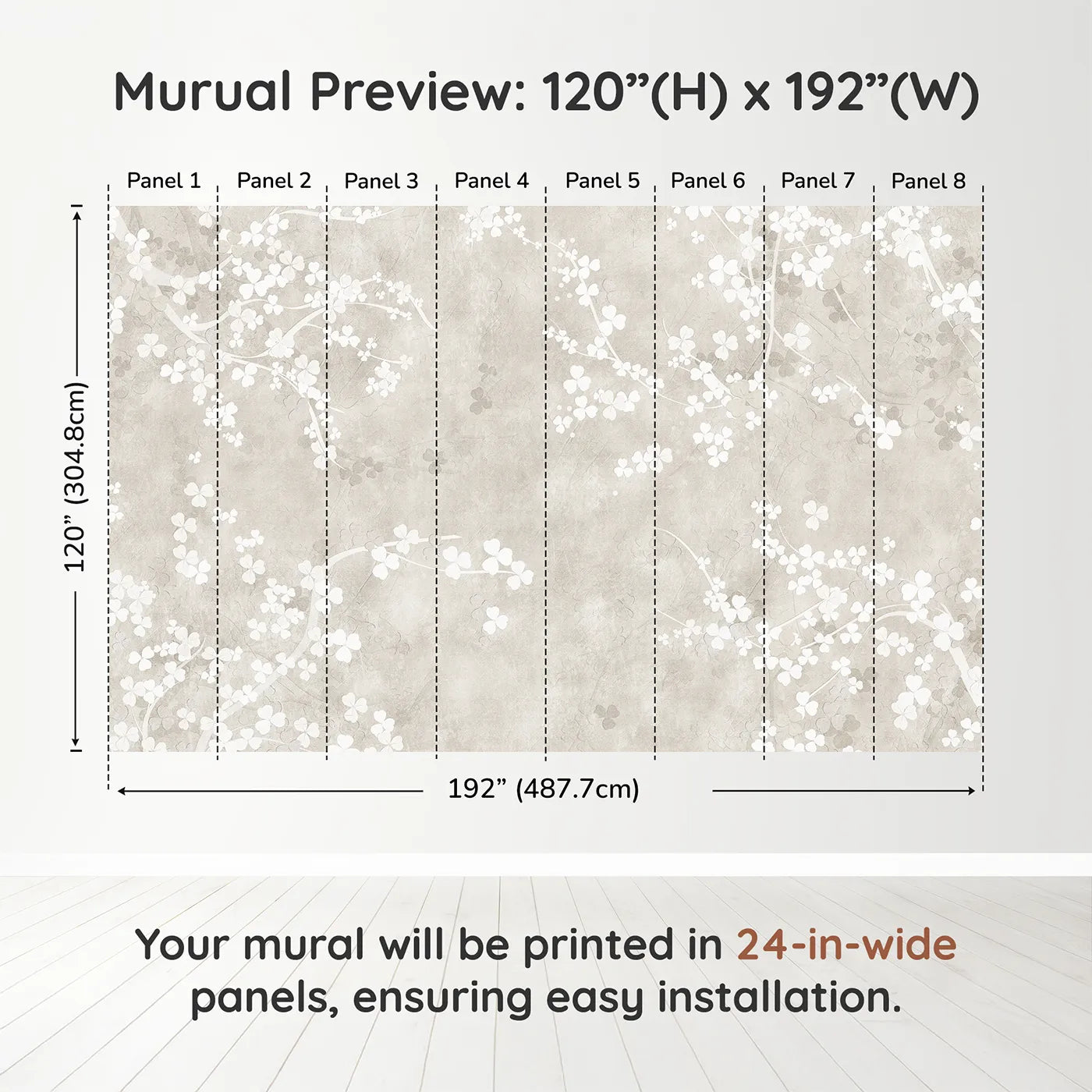 Whimsy Tots Beige Blossom Wall Muraldimension view (120" H x 192" W). Printed in eight 24-inch-wide panels. Gender-Neutral