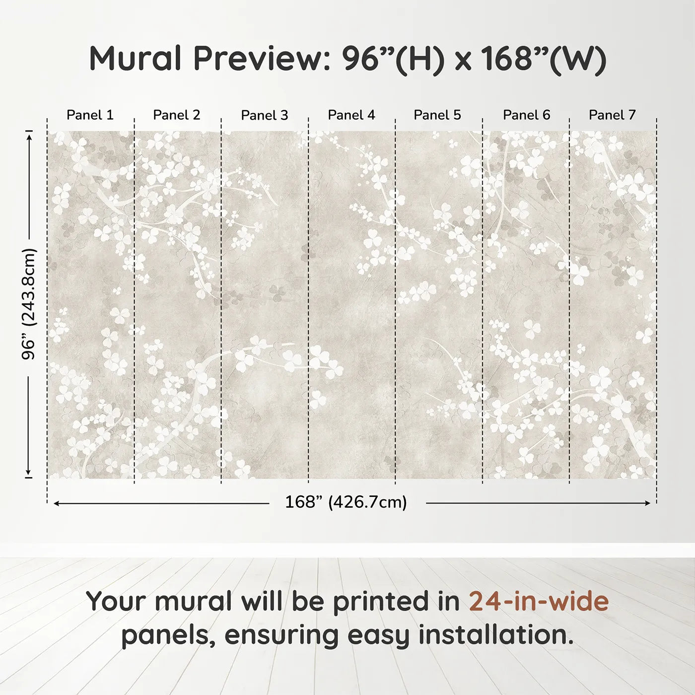 Whimsy Tots Beige Blossom Wall Muraldimension view (96" H x 168" W). Printed in seven 24-inch-wide panels. Gender-Neutral