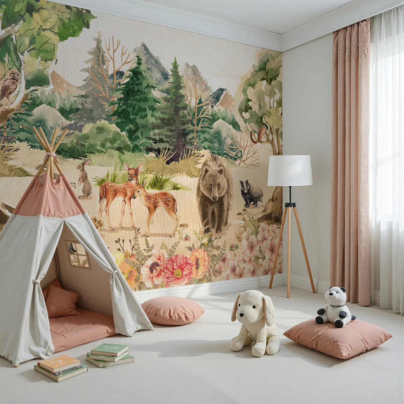 Angled view of Whimsy Tots' Watercolor Woodland Meadow Wall Mural (Turn Their Room into a Sun-Drenched Forest Clearing).Gender-Neutral