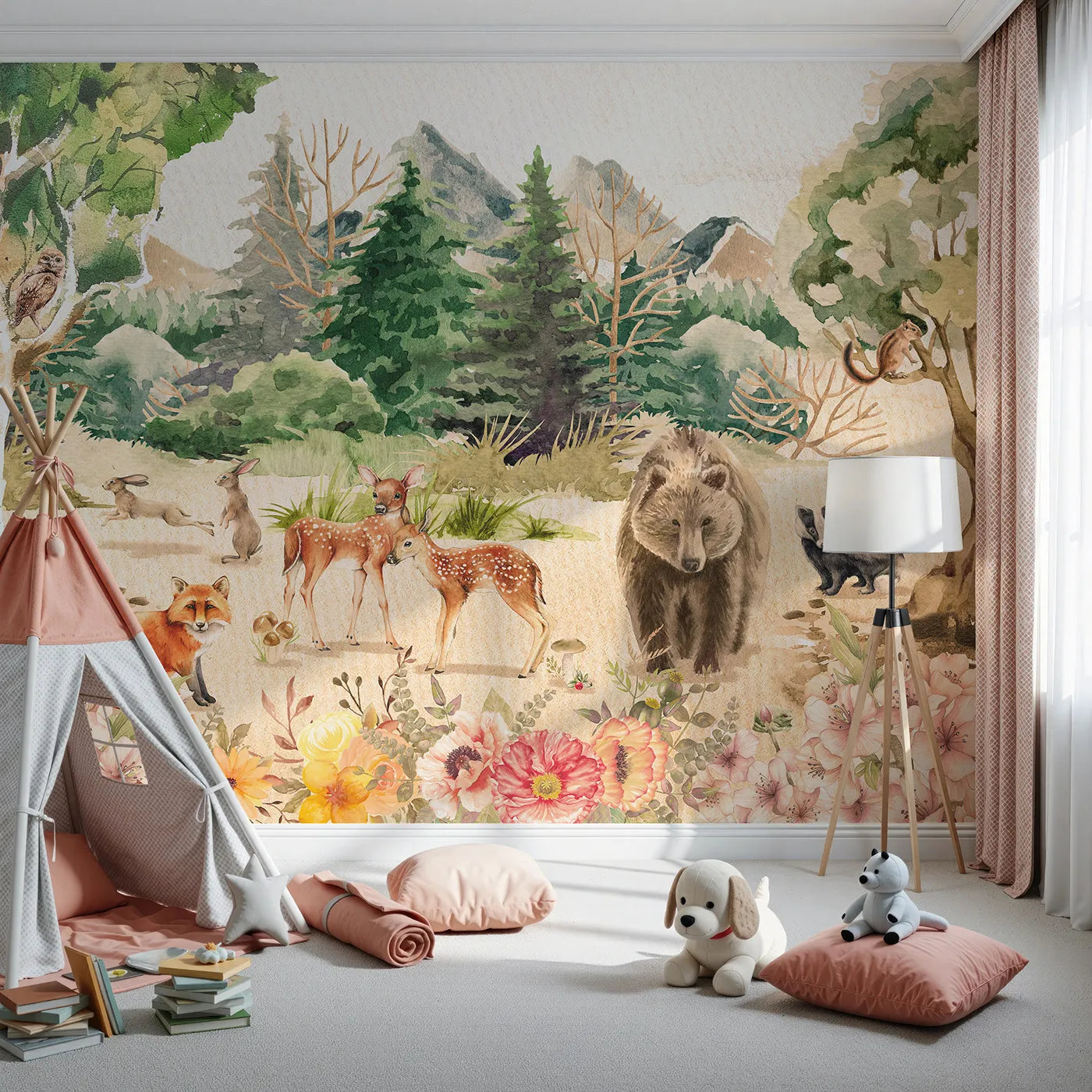 Front view of Whimsy Tots' Watercolor Woodland Meadow Wall Mural