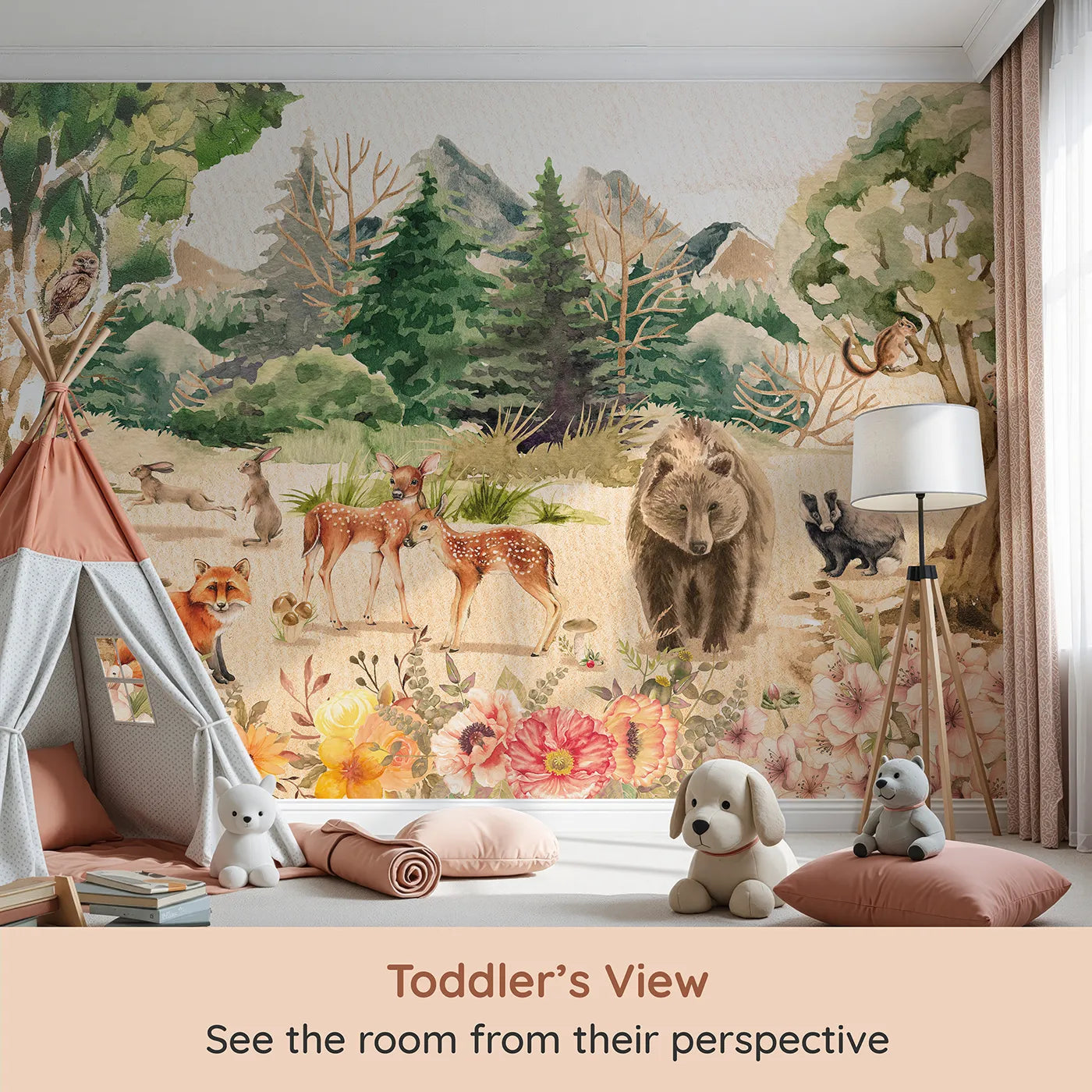 Whimsy Tots Watercolor Woodland Meadow Wall Mural (Turn Their Room into a Sun-Drenched Forest Clearing) from your child's view.Gender-Neutral