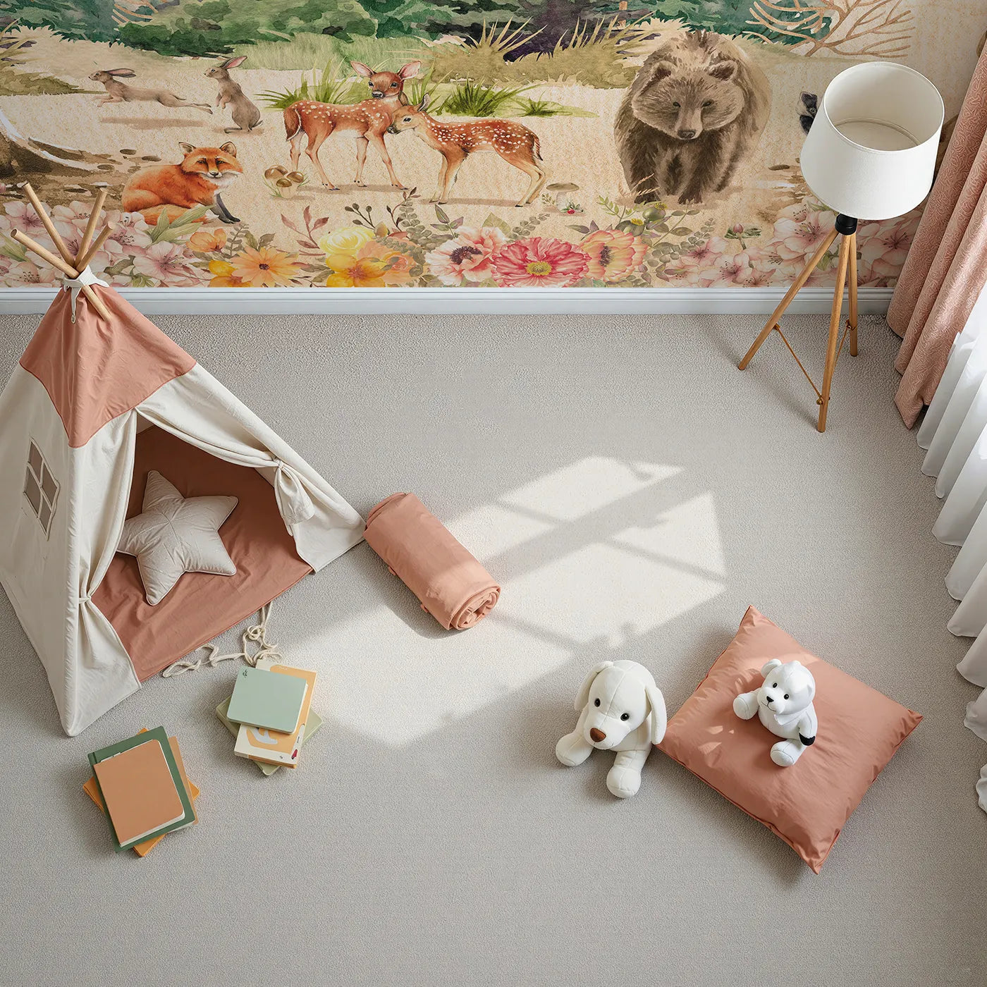 Top-down view of Whimsy Tots' Watercolor Woodland Meadow Wall Mural (Turn Their Room into a Sun-Drenched Forest Clearing).Gender-Neutral