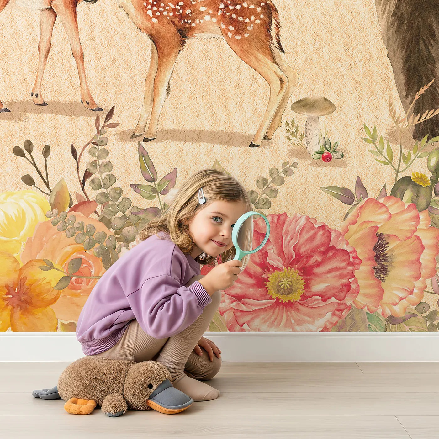 Child in front of Whimsy Tots Watercolor Woodland Meadow Wall Mural with woodland, animal, watercolor, forest, flower, deer, bear, fox in design.